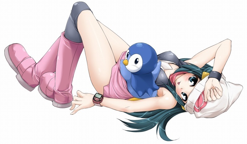 endou masatoshi, dawn (pokemon), piplup, nintendo, pokemon, 1girl, armpits, bare shoulders, beanie, black socks, blue eyes, blue hair, blush, boots, covered erect nipples, full body, gen 4 pokemon, hat, kneehighs, long hair, looking back, lying, pink boots, pokemon (creature), poketch, shiny skin, simple background, skirt, socks, thighhighs, thighs, tongue, watch, white background, wristband, wristwatch