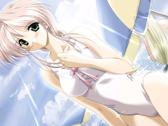 aoi hatori, shiratori miyuki, sweet pleasure, game cg, 2girls, blush, braid, cloud, day, dutch angle, green eyes, multiple girls, ocean, one-piece swimsuit, pink hair, sky, solo, swimsuit