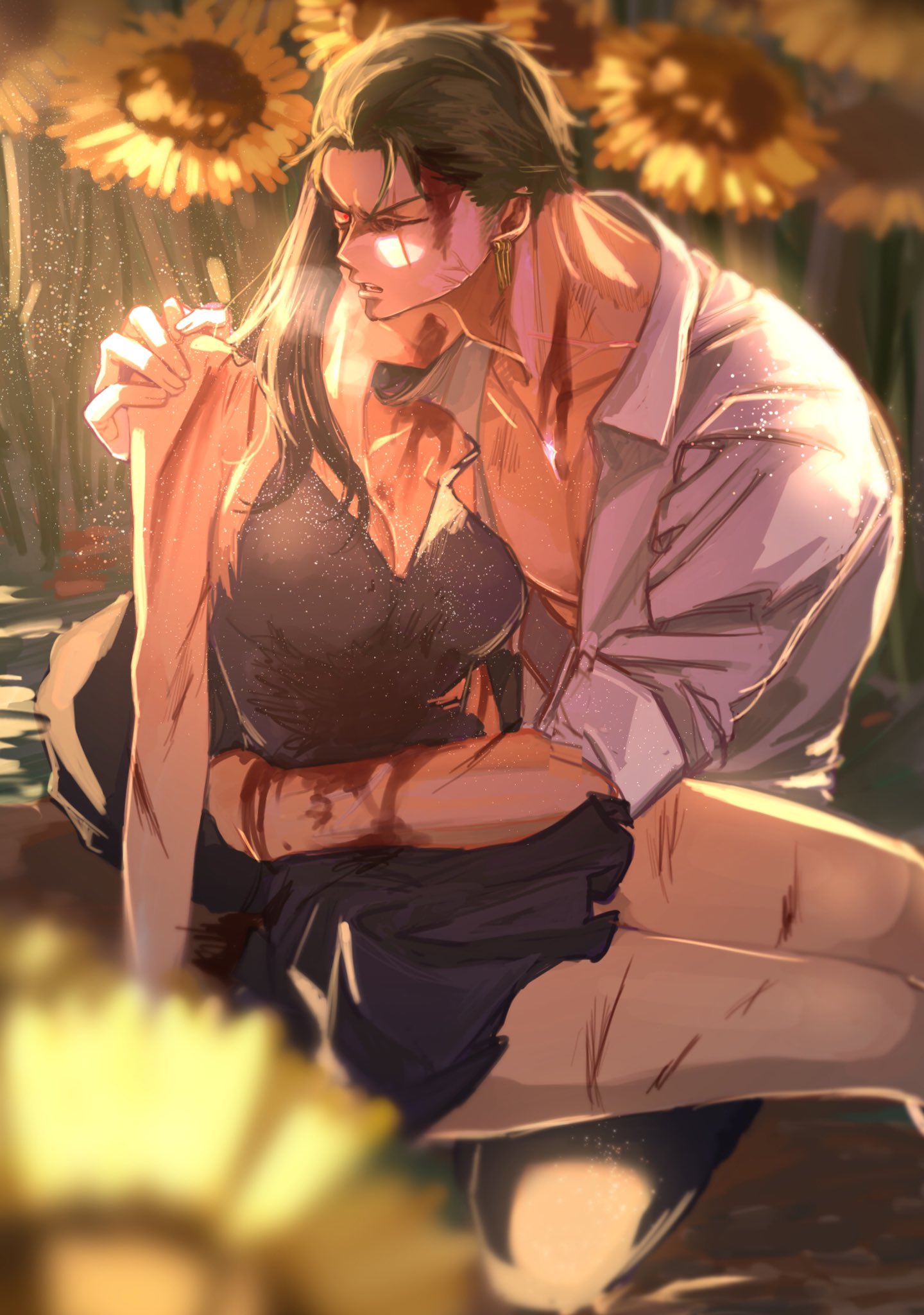 piry, nico robin, roronoa zoro, one piece, commentary request, highres, 1boy, 1girl, black hair, blood, blood on body, blood on face, blue dress, carrying, carrying person, dress, earrings, flower, green hair, hug, jewelry, one eye closed, red eyes, scar, scar across eye, scar on face, shirt, short hair, sunflower, veins, white shirt
