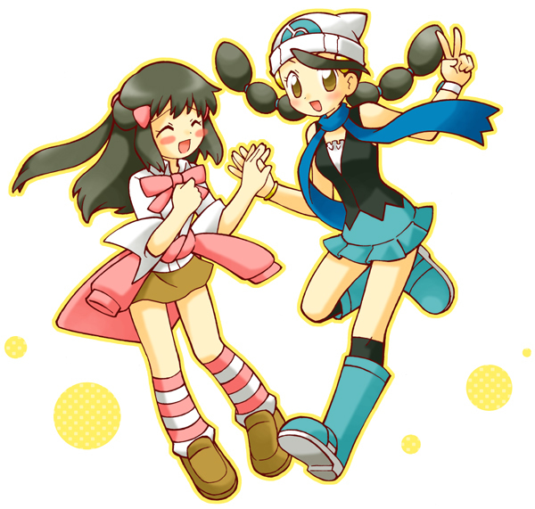 candice (pokemon), dawn (pokemon), nintendo, pokemon, pokemon dppt, blue footwear, striped legwear, 2girls, ^ ^, alternate color, alternate costume, aqua boots, beanie, black hair, black socks, blouse, blue scarf, blush, boots, bow, braid, candice (pokemon) (cosplay), cardigan, cardigan around waist, closed eyes, clothes around waist, collared shirt, cosplay, costume switch, dawn (pokemon) (cosplay), full body, gym leader, hat, holding hands, kneehighs, loose socks, miniskirt, multi-tied hair, multiple girls, pink bow, rubber boots, scarf, shirt, simple background, skirt, sleeveless, sleeveless shirt, sleeves rolled up, smile, socks, striped clothes, striped socks, sweater, sweater around waist, twin braids, v, white background, white hat, white shirt, yellow eyes