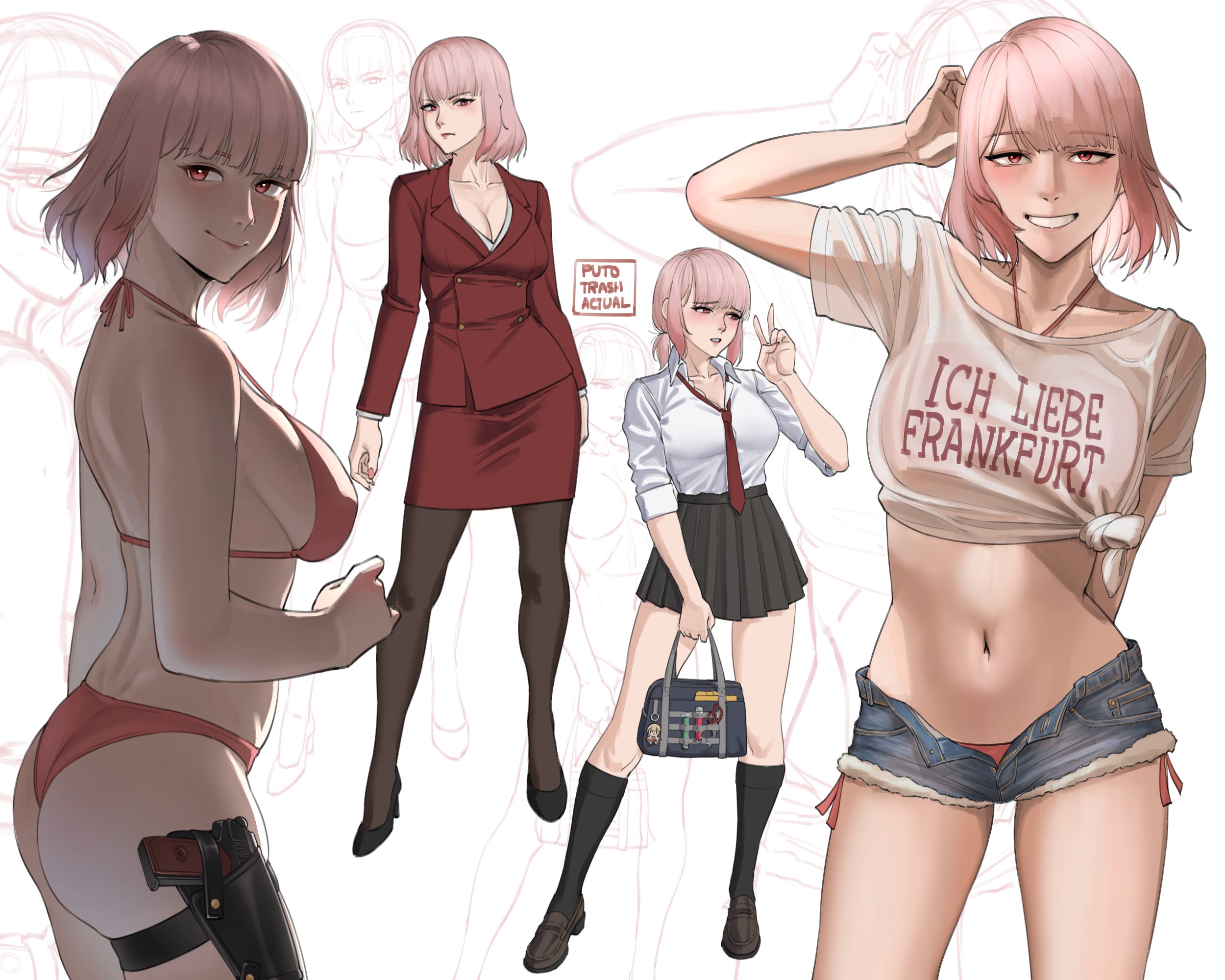 puto trash, female commander (girls' frontline), gentiane (girls' frontline), girls' frontline, girls' frontline 2: exilium, commentary, highres, 1girl, alternate costume, alternate hairstyle, artist name, ass, bikini, black pantyhose, black shoes, black socks, blush, breasts, clothes writing, collarbone, collared shirt, denim, denim shorts, gun, handgun, high heels, holster, holstered, jacket, looking at viewer, makarov pm, medium hair, micro shorts, multiple views, navel, necktie, office lady, open fly, open mouth, pantyhose, pencil skirt, pink bikini, pink hair, pleated skirt, ponytail, red eyes, red jacket, red necktie, red skirt, shirt, shoes, short ponytail, shorts, skirt, smile, socks, swimsuit, thigh holster, tied shirt, weapon, white mouth, white shirt