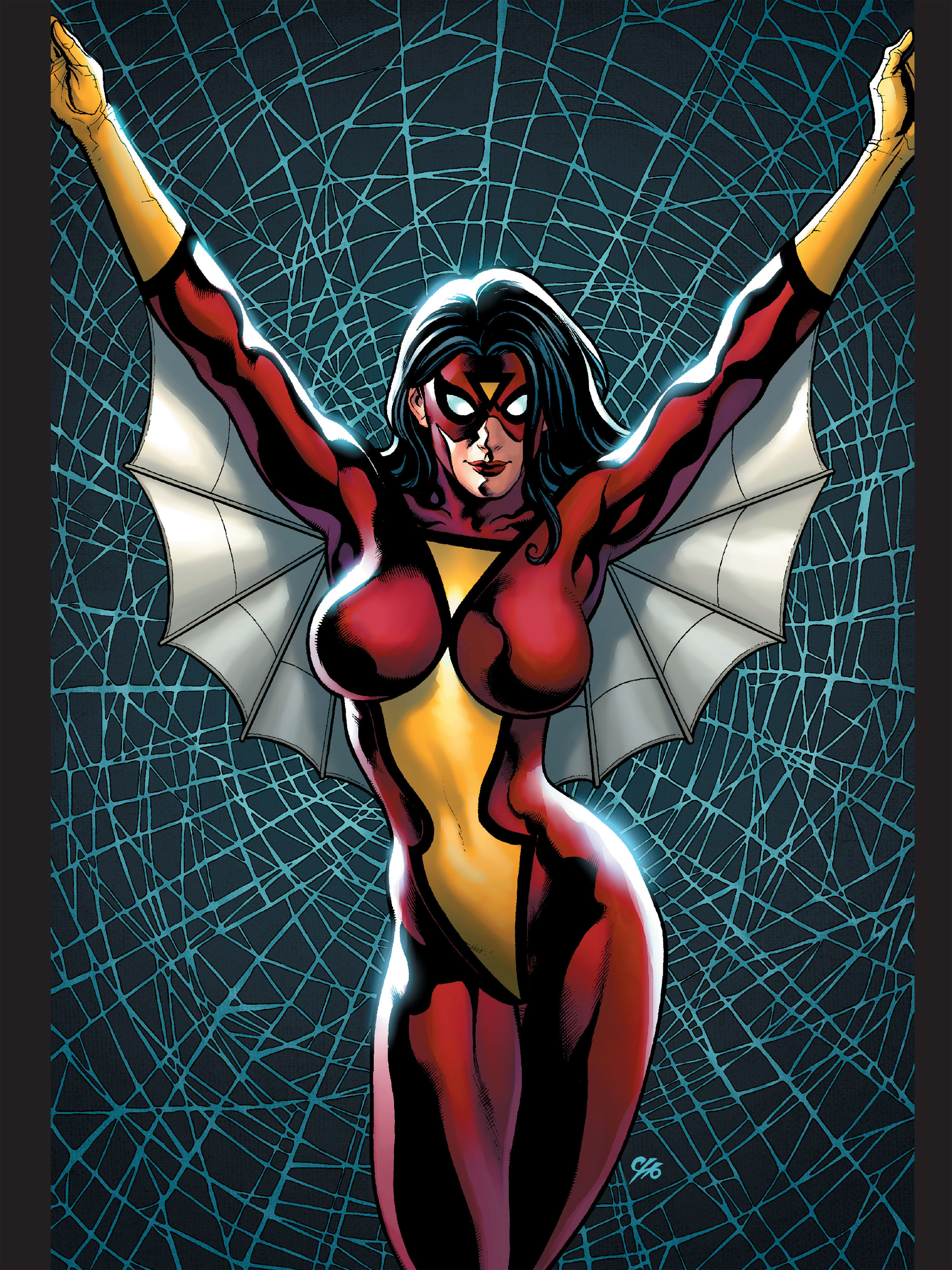 frank cho, jessica drew, spider-woman, marvel, spider-man (series), absurdres, highres, non-web source, 1girl, arms up, black hair, bodysuit, breasts, covered navel, gloves, impossible bodysuit, impossible clothes, large breasts, long hair, looking at viewer, red mask, silk, solo, spider web, superhero costume, two-tone bodysuit