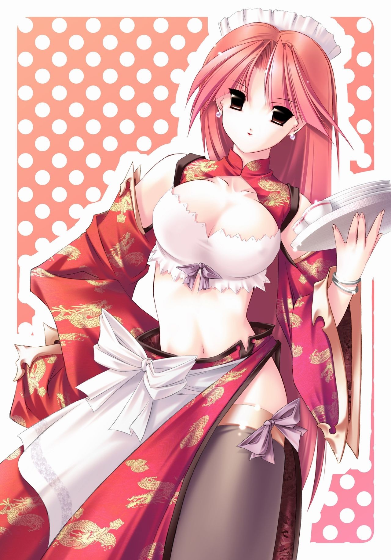 jian, highres, 1girl, bare shoulders, brown eyes, earrings, female focus, jewelry, long hair, red hair, solo, thighhighs