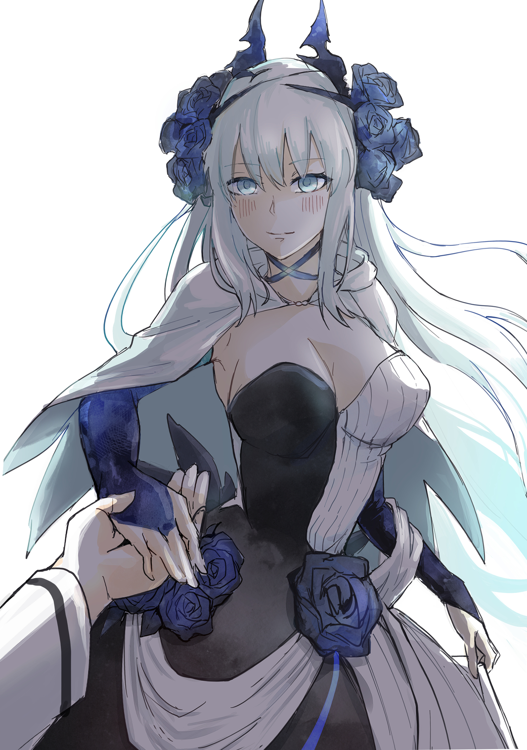 haji1nomo, fujimaru ritsuka (male), morgan le fay (apex) (fate), morgan le fay (fate), fate/grand order, fate (series), absurdres, highres, 1boy, 1girl, blue eyes, blush, dress, hair between eyes, hair ornament, long hair, simple background, smile, two-tone dress, very long hair, white background, white hair