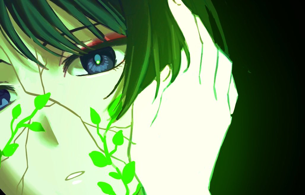 mmm215mm, scaramouche (genshin impact), genshin impact, 1boy, black background, black hair, blue eyes, blue pupils, blunt ends, choppy bangs, cracked skin, eyeliner, eyeshadow, fingernails, glowing, glowing hand, hand on another's face, leaf, looking at viewer, makeup, male focus, open mouth, plant, red eyeliner, red eyeshadow, tsurime, vines, white mouth