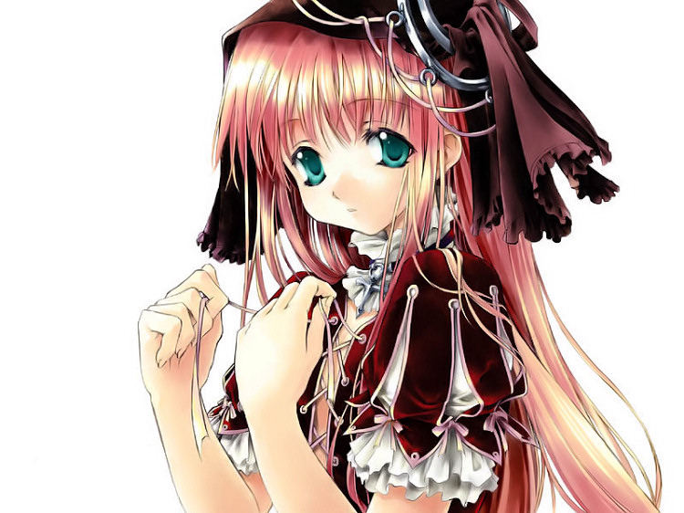 1girl, bow, female focus, frilled sleeves, frills, green eyes, hair bow, long hair, looking at viewer, puffy short sleeves, puffy sleeves, red hair, short sleeves, simple background, solo, upper body, very long hair, white background