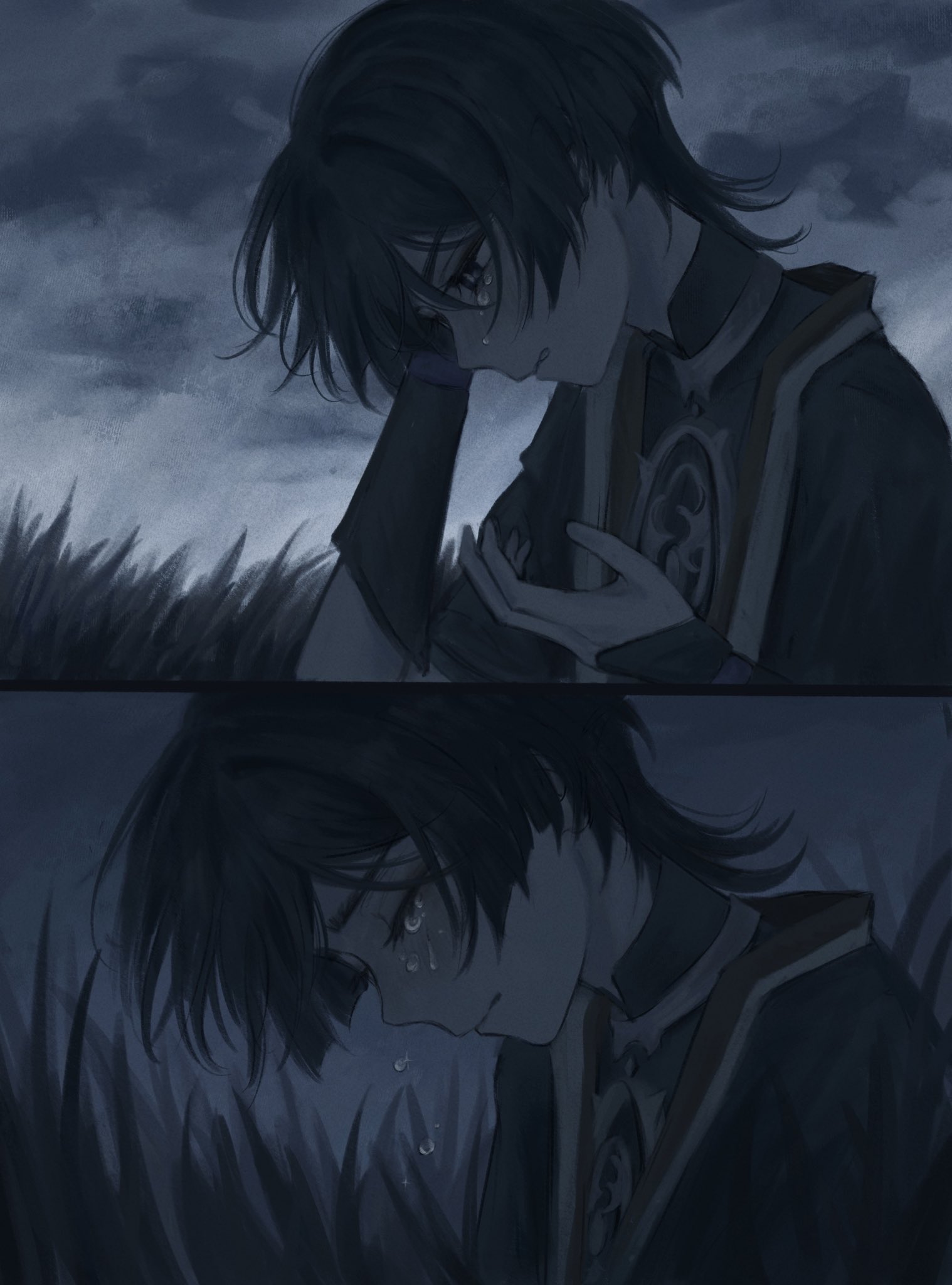 yoruli e, scaramouche (genshin impact), genshin impact, highres, 1boy, armor, black bodysuit, black eyes, black hair, black kimono, blunt ends, blush, bodysuit, clenched teeth, cloud, cloudy sky, crying, crying with eyes open, eyelashes, facing down, gold, grass, hand on own head, hands up, japanese armor, japanese clothes, jewelry, juban, kimono, kote, kurokote, looking down, mandarin collar, mitsudomoe (shape), neck ring, open clothes, open hand, open kimono, outdoors, overcast, red kimono, sequential, sky, split screen, tears, teeth, tomoe (symbol), white kimono