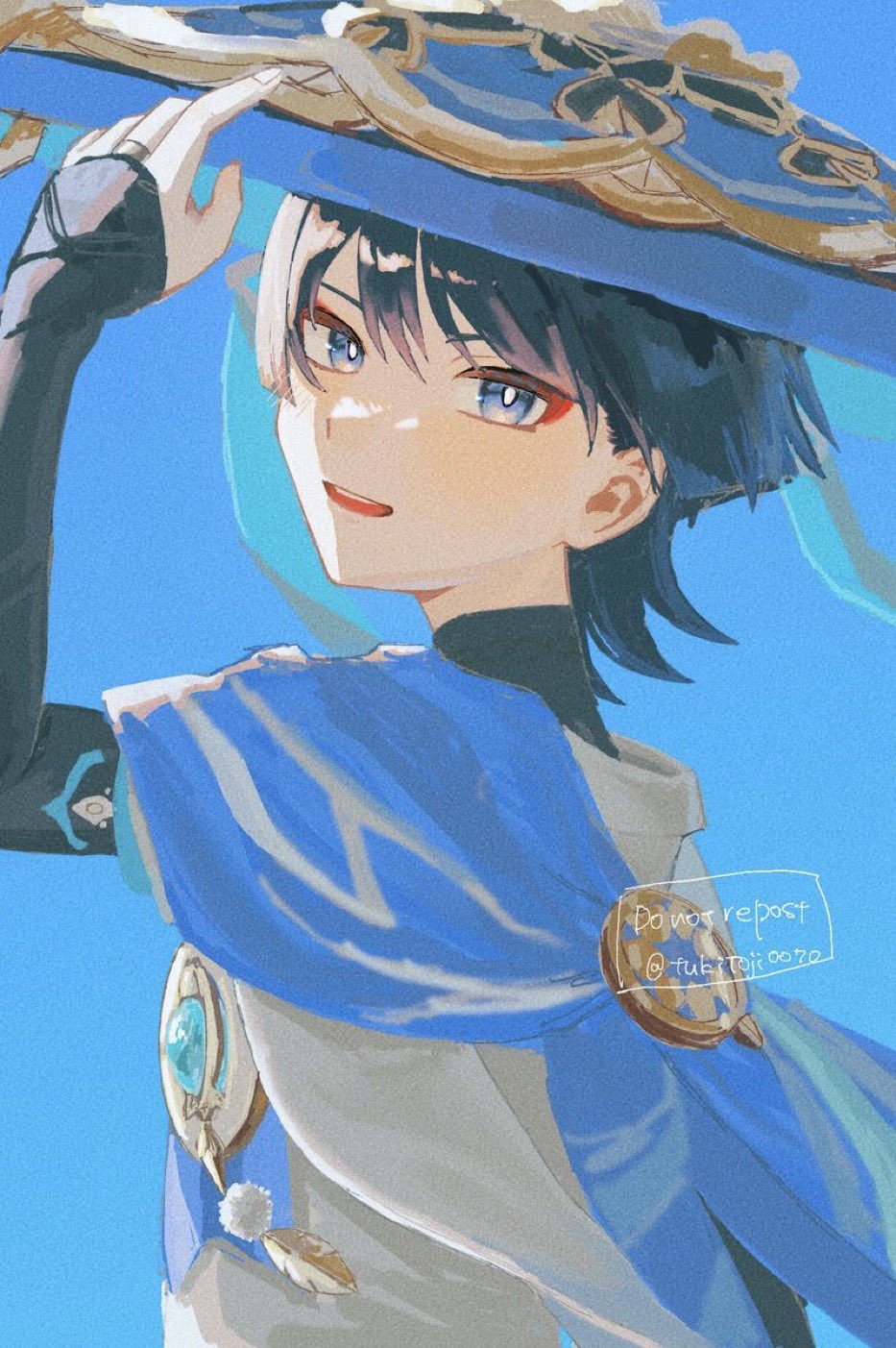 tukitoji0070, scaramouche (genshin impact), wanderer (genshin impact), genshin impact, highres, 1boy, armor, black bodysuit, black bridal gauntlets, black hair, blue cape, blue eyes, blue gemstone, blue hat, blue sky, blunt ends, blush, bodysuit, bridal gauntlets, bright pupils, cape, clear sky, eyeliner, eyeshadow, feathers, fingernails, from side, furisode, gem, gold, hat, japanese armor, japanese clothes, jingasa, kimono, kote, kurokote, looking at viewer, makeup, male focus, middle ring, open mouth, pom pom (clothes), red eyeliner, red eyeshadow, sky, solo, teeth, tsurime, turtleneck, turtleneck bodysuit, twitter username, upper body, upper teeth only, vision (genshin impact), watermark, white kimono, white pupils, white trim, wispy bangs, yellow feathers