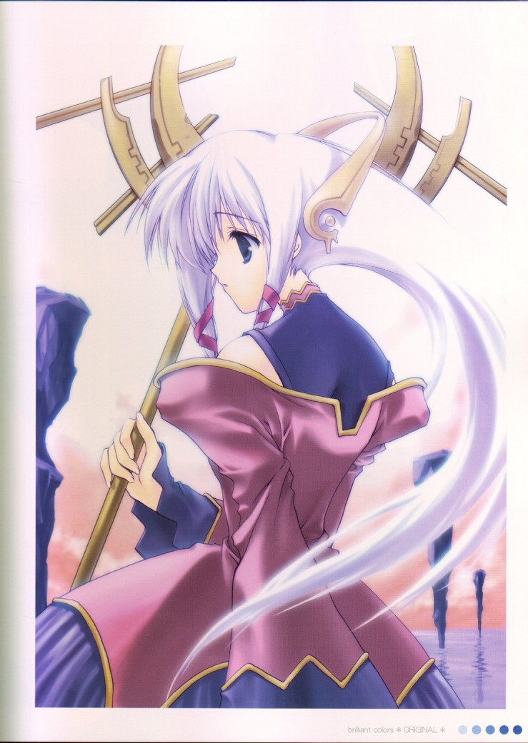 mitsumi misato, original, 1girl, bare shoulders, blue eyes, dress, fantasy, female focus, from side, headgear, holding, horizon, long hair, long sleeves, looking to the side, ocean, pillar, pink hair, profile, red dress, rock, solo, stick, upper body, water