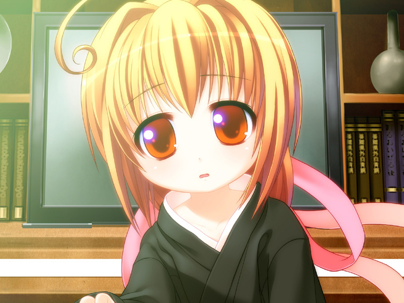 tsuji santa, sakakibara yukie, chibi mama, game cg, 1girl, ahoge, blonde hair, female focus, orange eyes, ribbon, short hair, solo