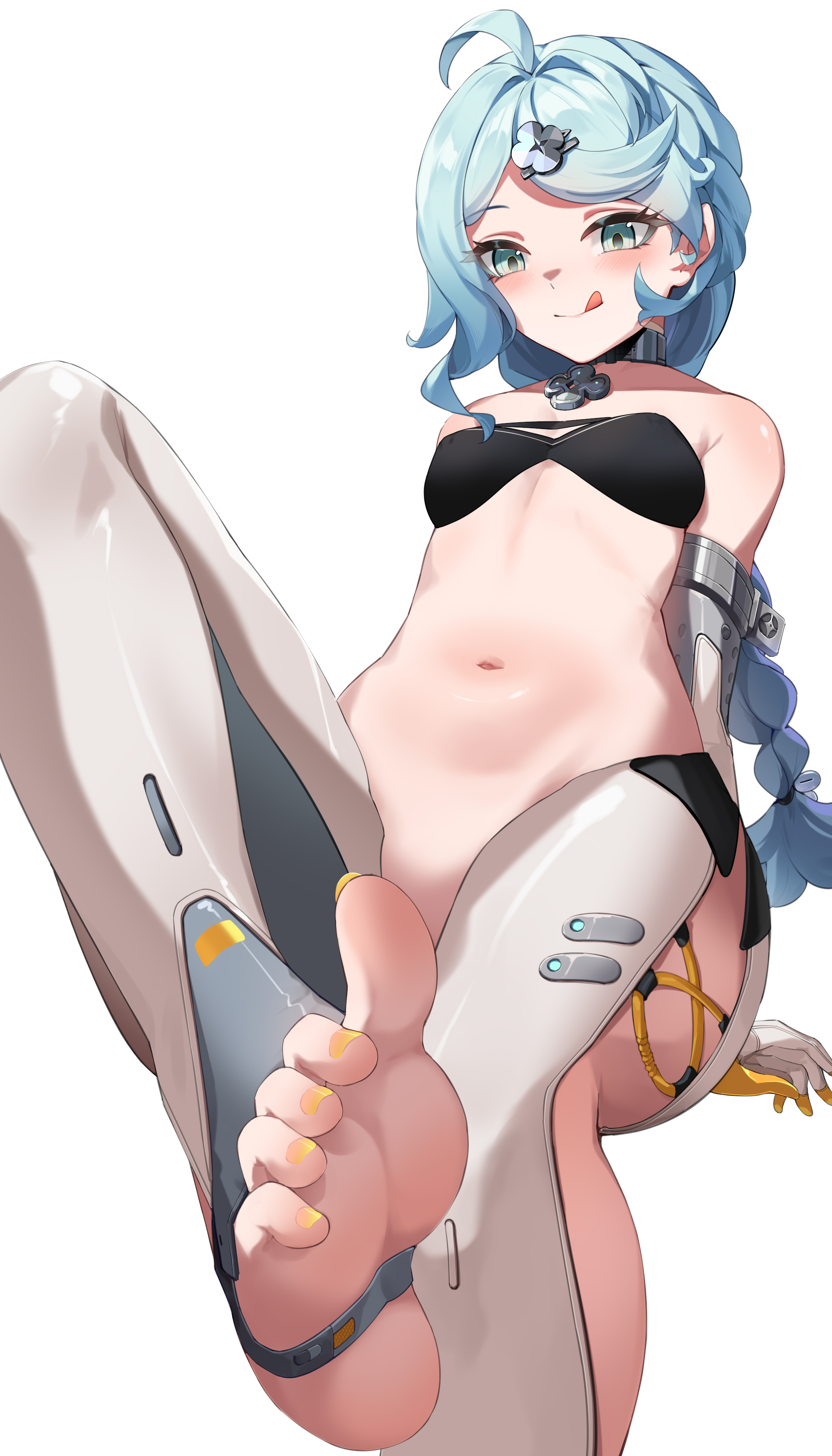 feibai, seed (zenless zone zero), zenless zone zero, absurdres, highres, 1girl, :q, barefoot, blue eyes, blue hair, blush, braid, feet, long hair, looking at viewer, soles, stirrup legwear, toeless legwear, toes, tongue, tongue out