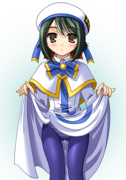 aino ai, aria (manga), 00s, 1girl, aqua background, aria company uniform, beret, blue panties, blue pantyhose, blush, bow, bowtie, brooch, brown eyes, capelet, clothes lift, dress, dress lift, embarrassed, female focus, flat chest, gradient background, green hair, hair bow, hat, hat ribbon, high collar, jewelry, looking at viewer, panties, panties under pantyhose, pantyhose, parted lips, ribbon, short hair, solo, standing, striped clothes, striped panties, turtleneck, underwear, white panties