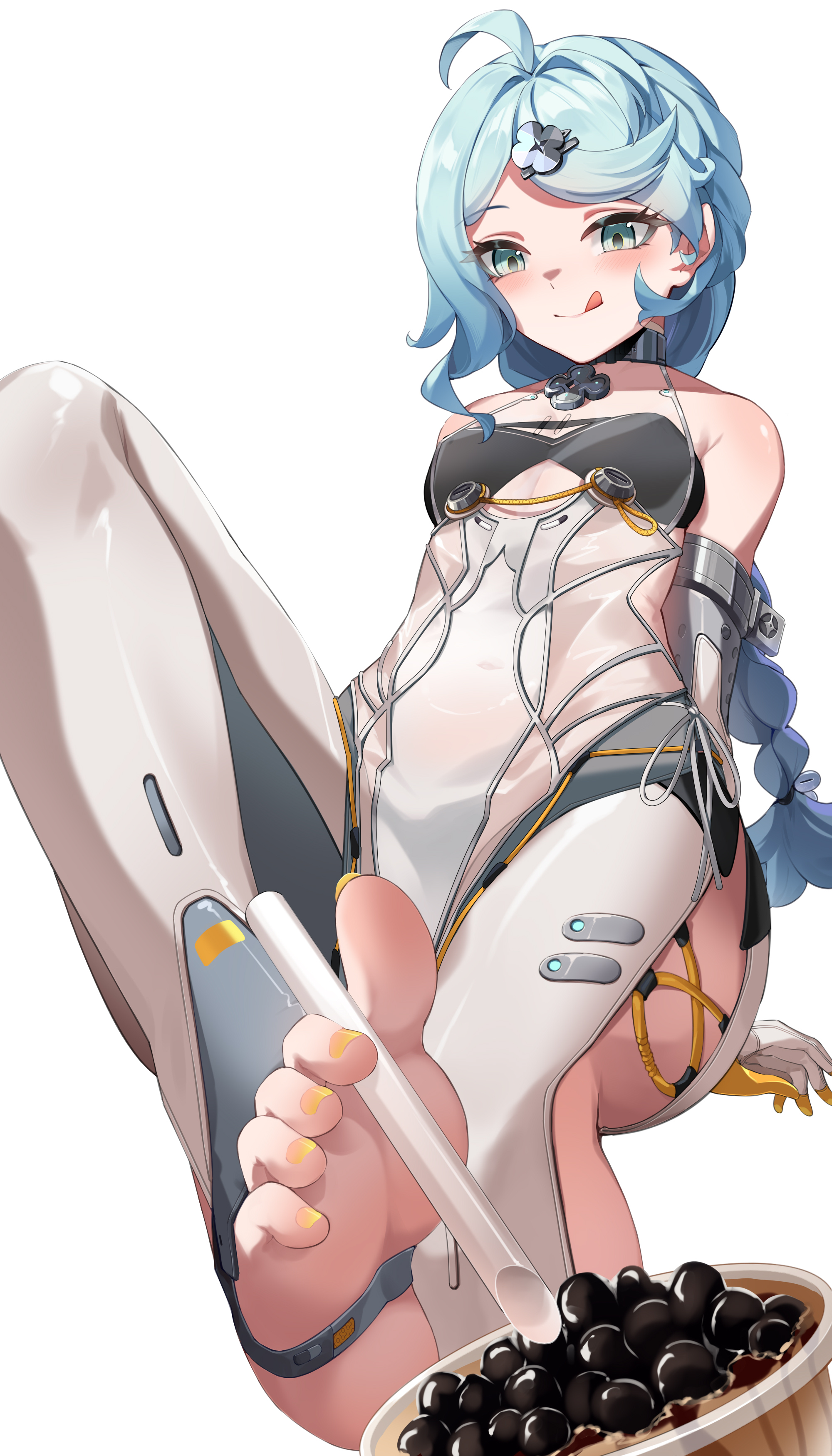 feibai, seed (zenless zone zero), zenless zone zero, absurdres, highres, 1girl, :q, barefoot, between toes, blue eyes, blue hair, blush, braid, feet, long hair, looking at viewer, soles, stirrup legwear, toeless legwear, toes, tongue, tongue out