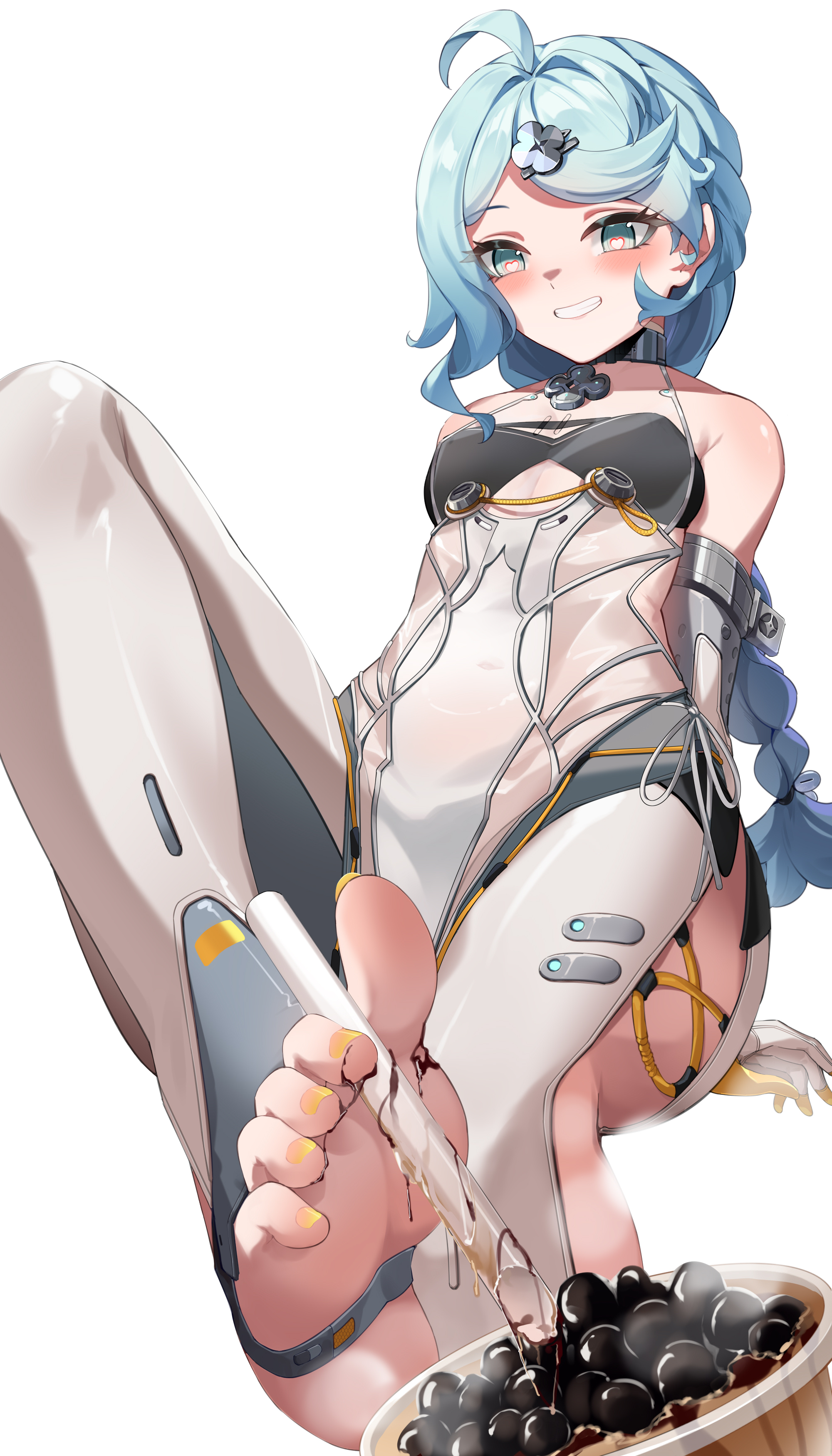feibai, seed (zenless zone zero), zenless zone zero, absurdres, highres, 1girl, barefoot, between toes, blue eyes, blue hair, blush, braid, feet, grin, heart, heart-shaped pupils, long hair, looking at viewer, smile, soles, steam, stirrup legwear, symbol-shaped pupils, toeless legwear, toes