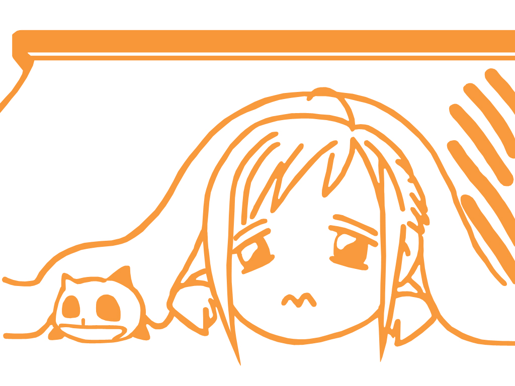 athena glory, president maa, aria (manga), 00s, 1girl, closed mouth, creature, female focus, food, frown, fruit, kotatsu, lying, monochrome, on stomach, orange (fruit), orange theme, peeking, short hair, sidelocks, solo, table