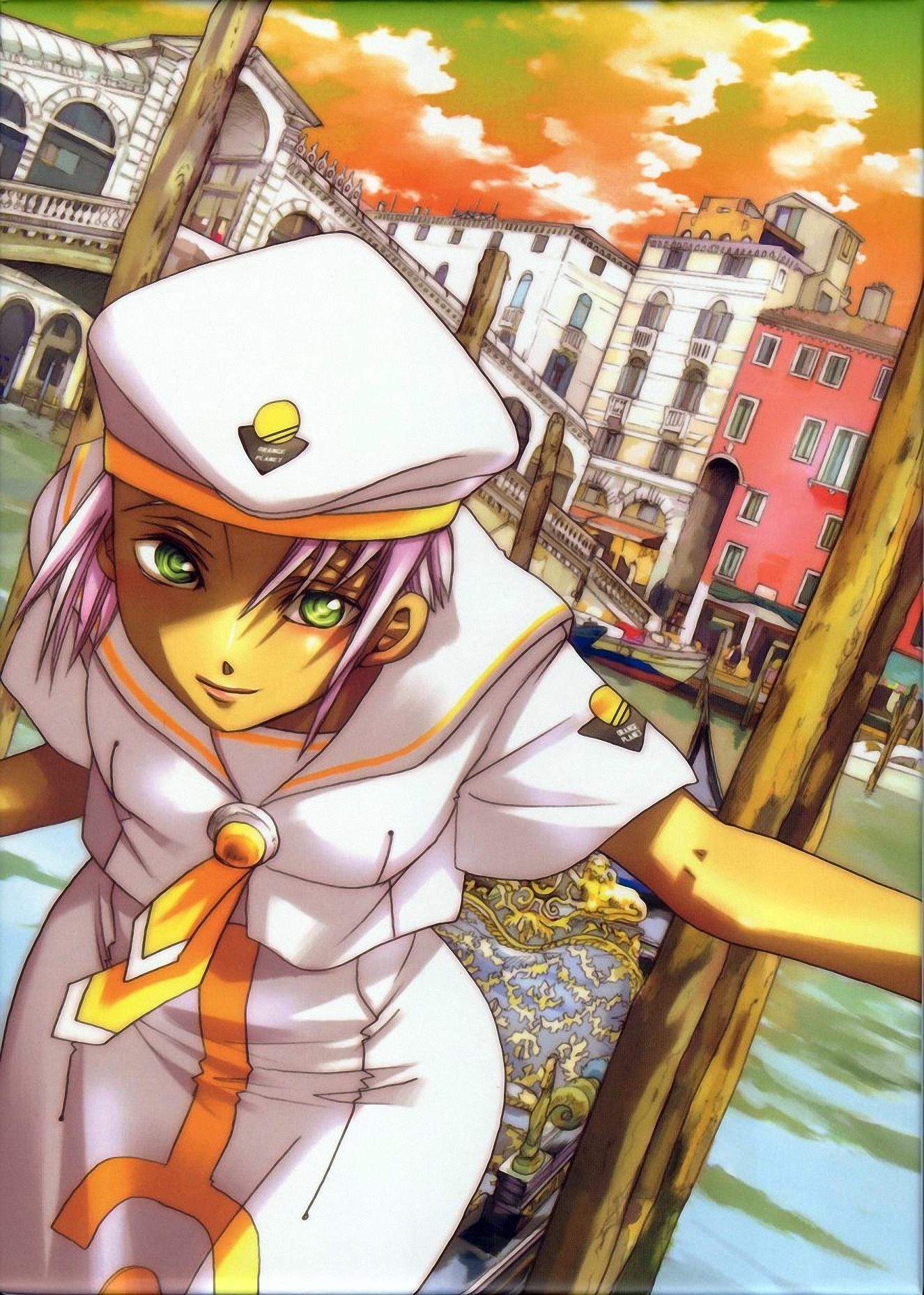 amano kozue, athena glory, aria (manga), silver hair, uniform, highres, jpeg artifacts, official art, scan, 00s, 1girl, cloud, dark-skinned female, dark skin, female focus, green eyes, hat, leaning forward, outdoors, short hair, sky, smile, solo, sunset, venice, water