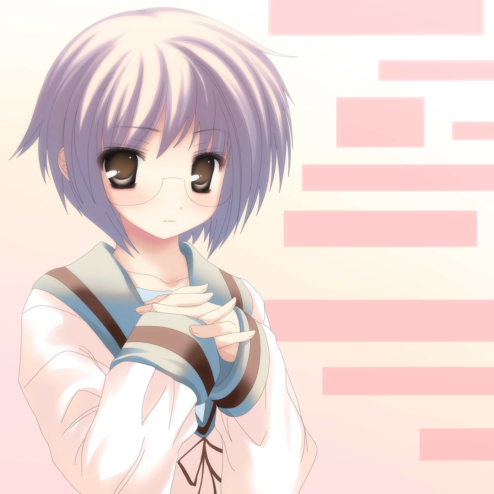 namamo nanase, nagato yuki, suzumiya haruhi no yuuutsu, highres, 00s, glasses, school uniform, serafuku, solo