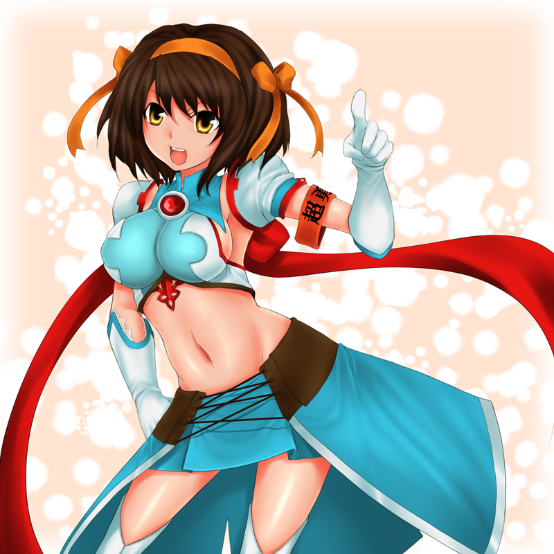 rokuichi, superheroine haruhi, suzumiya haruhi, suzumiya haruhi no tomadoi, suzumiya haruhi no yuuutsu, 00s, 1girl, armband, armlet, brown eyes, brown hair, female focus, gloves, jewelry, midriff, short hair, solo
