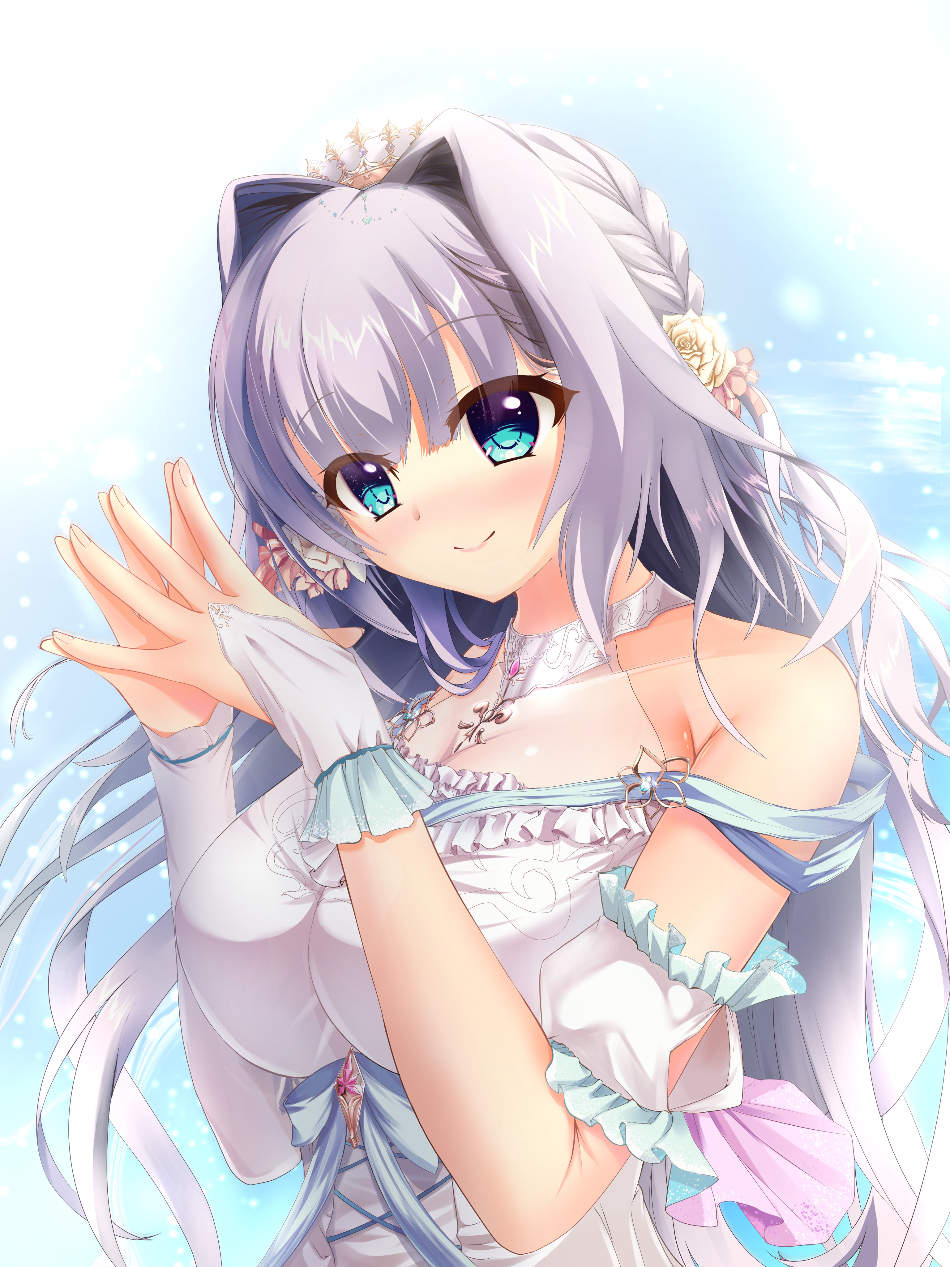 reiji tsukimi, kousaka haruka, 9-nine-, absurdres, commentary request, highres, 1girl, aqua eyes, armpit crease, asymmetrical gloves, bare shoulders, blue background, blunt bangs, blush, braid, breasts, choker, cleavage, closed mouth, collarbone, detached sleeves, dress, elbow gloves, eyes visible through hair, floating hair, flower, formal clothes, frilled sleeves, frills, gloves, hair flower, hair intakes, hair ornament, hair ribbon, hands up, happy, large breasts, long hair, looking at viewer, mismatched gloves, nose blush, official alternate costume, official alternate hairstyle, pink ribbon, puffy short sleeves, puffy sleeves, purple hair, ribbon, rose, short sleeves, side braid, simple background, sleeveless, sleeveless dress, smile, solo, split mouth, steepled fingers, tiara, upper body, very long hair, white choker, white dress, white flower, white gloves, white rose, yellow flower, yellow rose