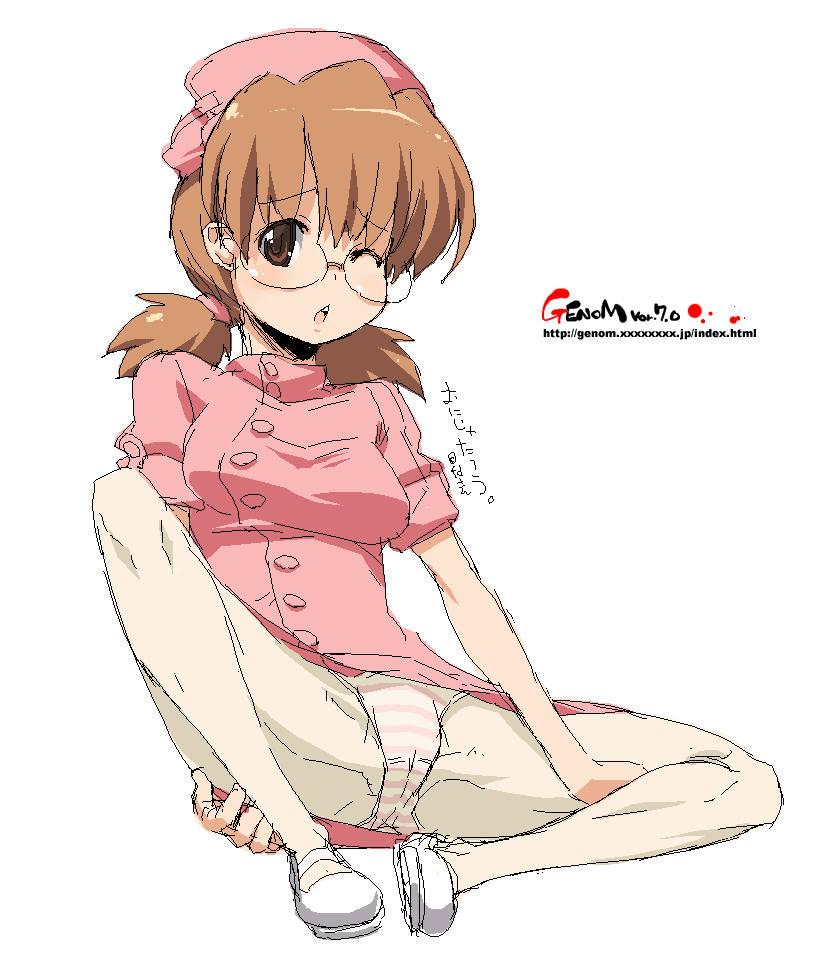 onija tarou, original, 1girl, breasts, female focus, full body, glasses, nurse, oekaki, panties, panties under pantyhose, pantyhose, shoes, sitting, solo, spread legs, striped clothes, striped panties, twintails, underwear, white background
