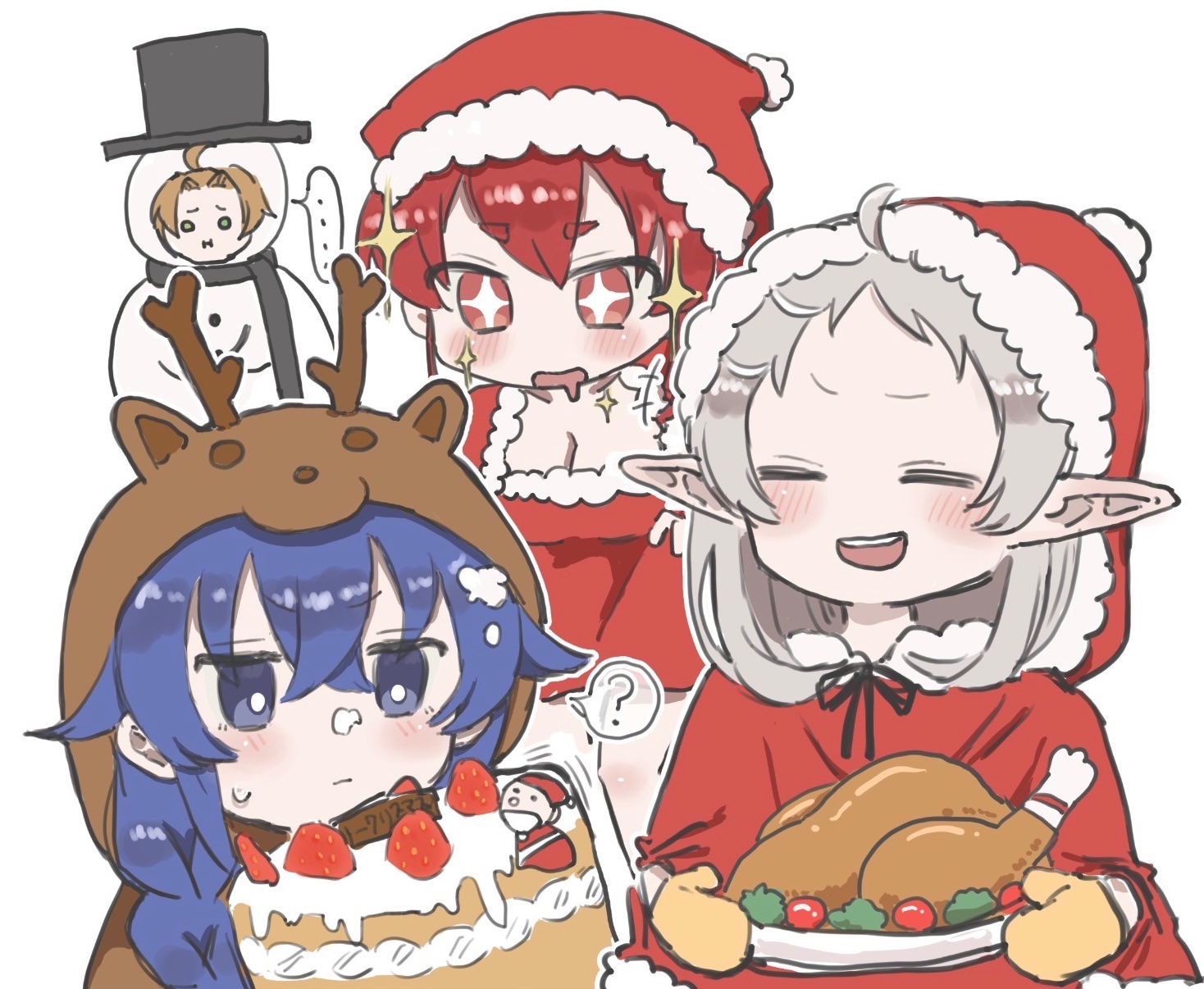 eris greyrat, roxy migurdia, rudeus greyrat, sylphiette (mushoku tensei), mushoku tensei, highres, ?, animal costume, blue hair, braid, cake, christmas, christmas cake, d0smhsmvh897684, drooling, elf, food, pointy ears, red hair, reindeer costume, santa costume, smile, snowman costume, turkey (food), white background, white hair