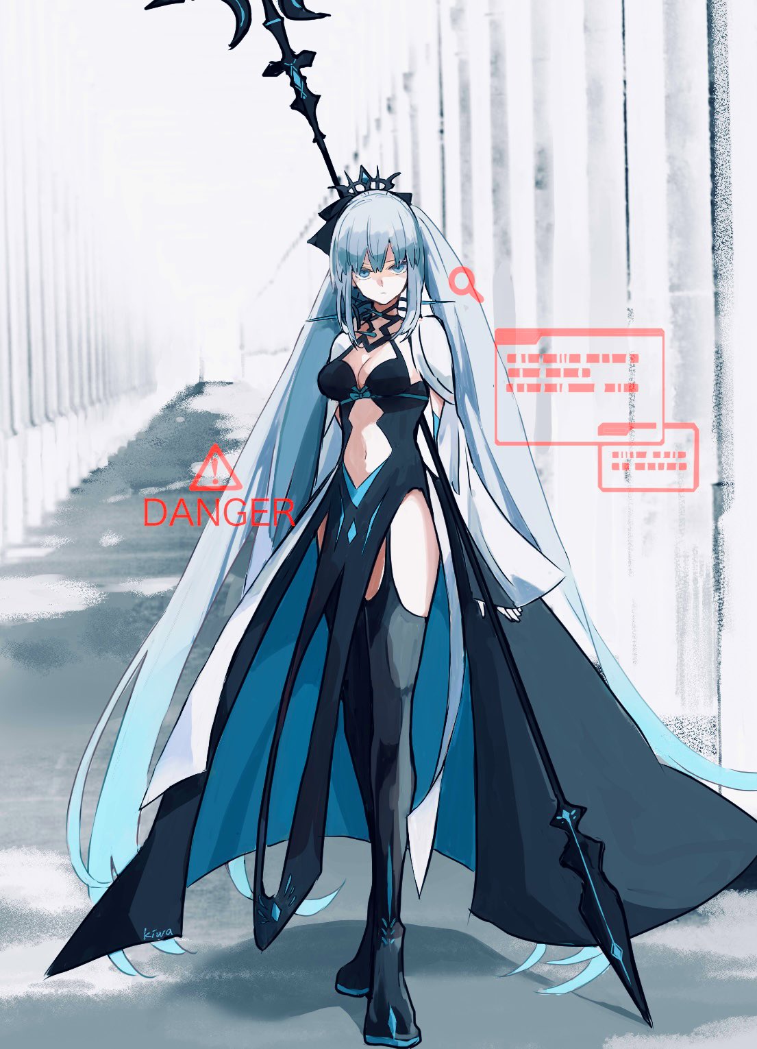 ki wa001, morgan le fay (fate), morgan le fay (third ascension) (fate), fate/grand order, fate (series), highres, 1girl, black bow, black dress, black tiara, blue eyes, bow, braid, dress, full body, hair between eyes, hair bow, half up braid, high heels, holding, holding polearm, holding weapon, long hair, long sleeves, looking at viewer, polearm, ponytail, solo, spikes, standing, tiara, two-tone dress, very long hair, weapon