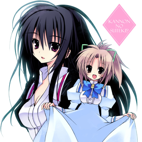 kannon ouji, juujou shion, otome wa boku ni koishiteru, 00s, 2girls, backlighting, black hair, blue dress, blue ribbon, breasts, brown eyes, brown hair, cleavage, clothes lift, cross, dress, hair ribbon, latin cross, long hair, multiple girls, open mouth, ponytail, projected inset, puffy sleeves, purple eyes, ribbon, short hair, skirt, skirt lift, smile