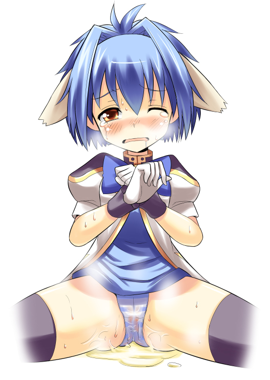 aida takanobu, mint blancmanche, broccoli (company), galaxy angel, 00s, 1girl, blue skirt, blush, cameltoe, female focus, loli, panties, pee, peeing, peeing self, see-through clothes, skirt, solo, spread legs, striped clothes, striped panties, thighhighs, underwear, upskirt, wet, wet clothes, wet panties