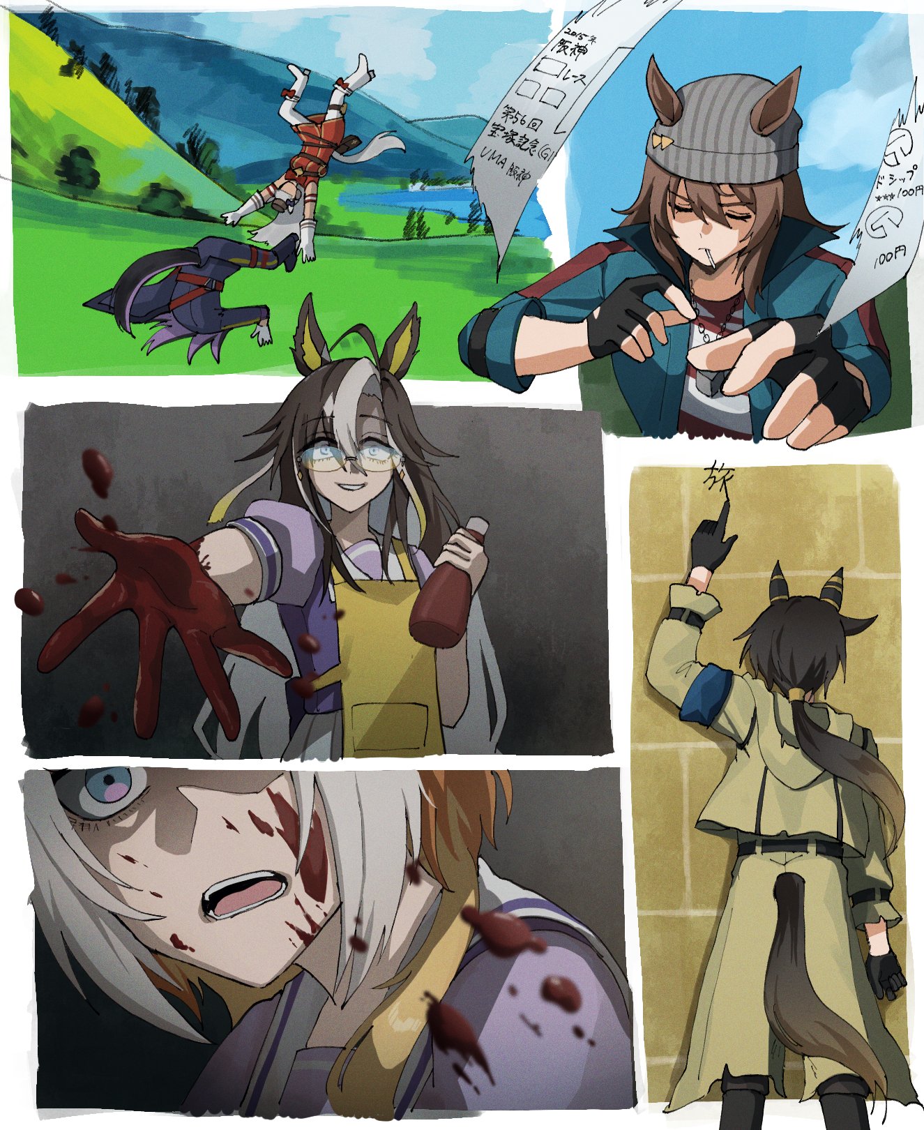 himo (user rzgz5877), dream journey (umamusume), fenomeno (umamusume), gold ship (umamusume), nakayama festa (umamusume), orfevre (umamusume), stay gold (umamusume), char's counterattack, gundam, gundam suisei no majo, gundam tekketsu no orphans, gundam wing, umamusume, highres, translation request, 6+girls, animal ears, beanie, black hair, blue eyes, brown hair, brown hat, dice, dice necklace, dress, glasses, grey hat, hair between eyes, hat, horse ears, horse girl, horse tail, jewelry, ketchup, ketchup bottle, lake, long hair, long sleeves, lying, multicolored hair, multiple girls, necklace, on stomach, parody, pillbox hat, red dress, scene reference, school uniform, smile, stay gold clan (umamusume), streaked hair, tail, tracen school uniform, white hair