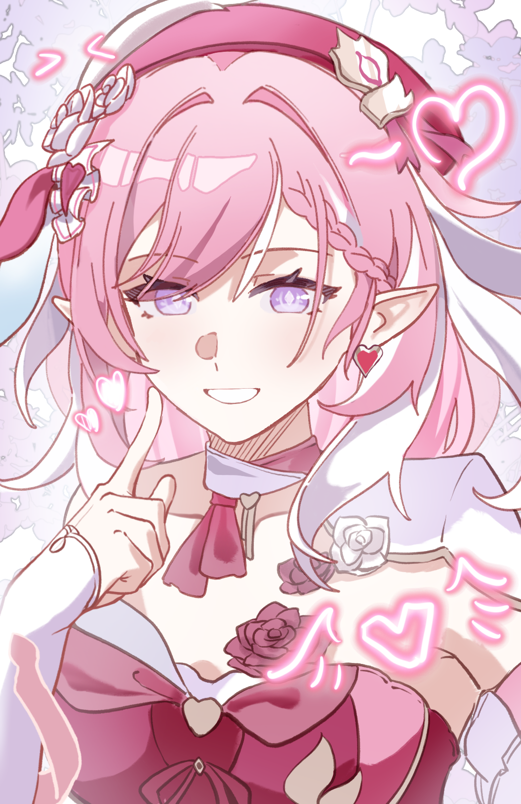 faber fubei, elysia (honkai impact), honkai (series), honkai impact 3rd, chinese commentary, commentary request, highres, 1girl, breasts, diamond-shaped pupils, diamond (shape), earrings, elf, elysia (hi elf of love) (honkai impact), hat, heart, heart earrings, jewelry, large breasts, long hair, looking at viewer, multicolored hair, pink hair, pointy ears, purple eyes, red hat, smile, solo, symbol-shaped pupils, two-tone hair, upper body, very long hair, white hair