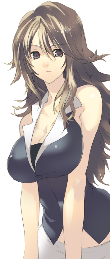 oka asaha, sumeragi lee noriega, gundam, gundam 00, light brown hair, 00s, 1girl, bad anatomy, bad proportions, bare shoulders, breasts, brown eyes, brown hair, cleavage, closed mouth, female focus, flipped hair, frown, huge breasts, large breasts, long hair, looking at viewer, poorly drawn, simple background, sleeveless, solo, upper body, white background