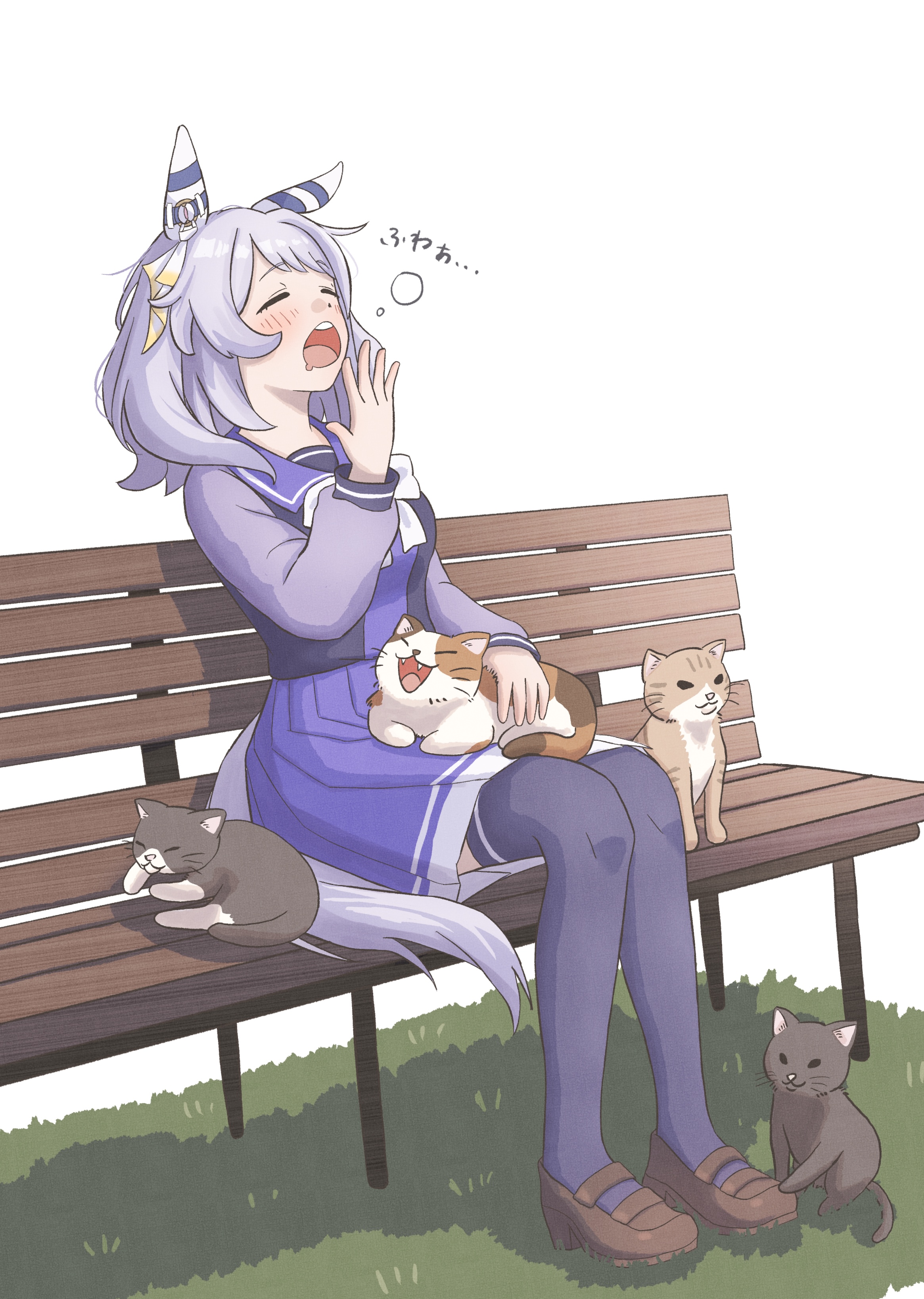 michikusa (jrnh4877), hishi miracle (umamusume), umamusume, absurdres, commentary request, highres, 1girl, animal ears, bench, blush, bow, brown shoes, cat, closed eyes, ear covers, from side, grass, hand to own mouth, horse ears, horse girl, horse tail, long sleeves, multiple cats, open mouth, park bench, pleated skirt, purple hair, school uniform, shoes, sitting, skirt, solo, sound effects, sound effects only, squeans, tail, thighhighs, tracen school uniform, white background, white bow, yawning