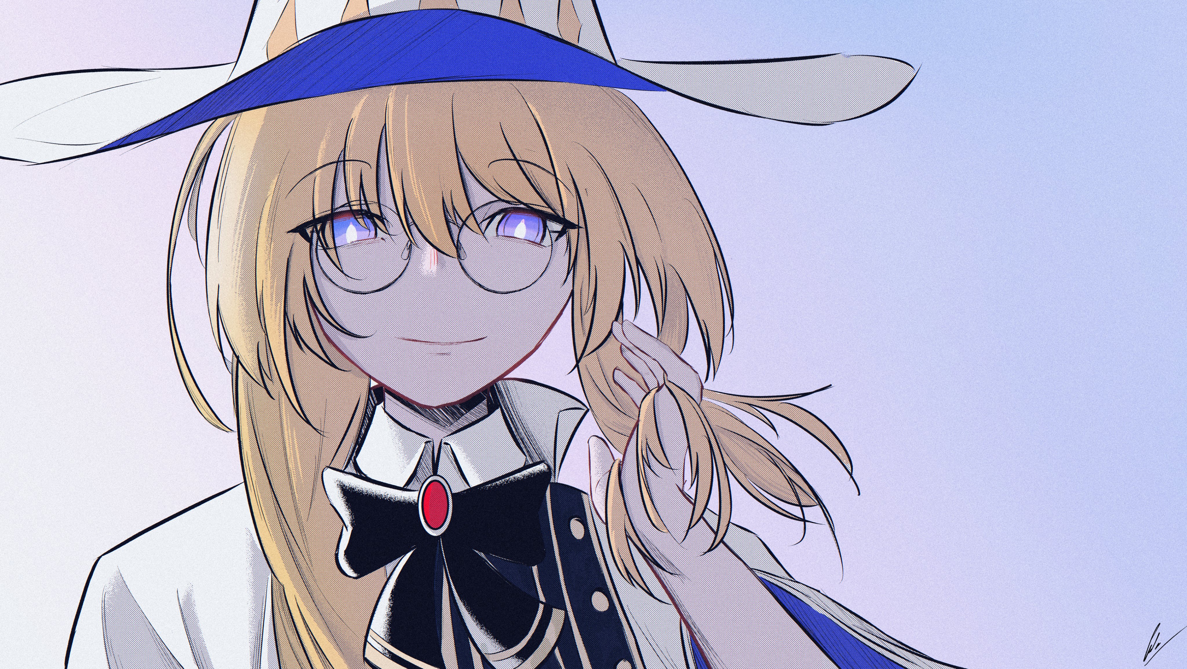 gudagudaman, aesc (fate), aesc (rain witch) (fate), fate/grand order, fate (series), absurdres, commentary, highres, 1girl, black bow, black bowtie, blonde hair, bow, bowtie, closed mouth, crazy eyes, dress, glasses, hair between eyes, hand in own hair, hat, long hair, looking at viewer, signature, smile, solo, white dress, white hat, witch, witch hat, yandere