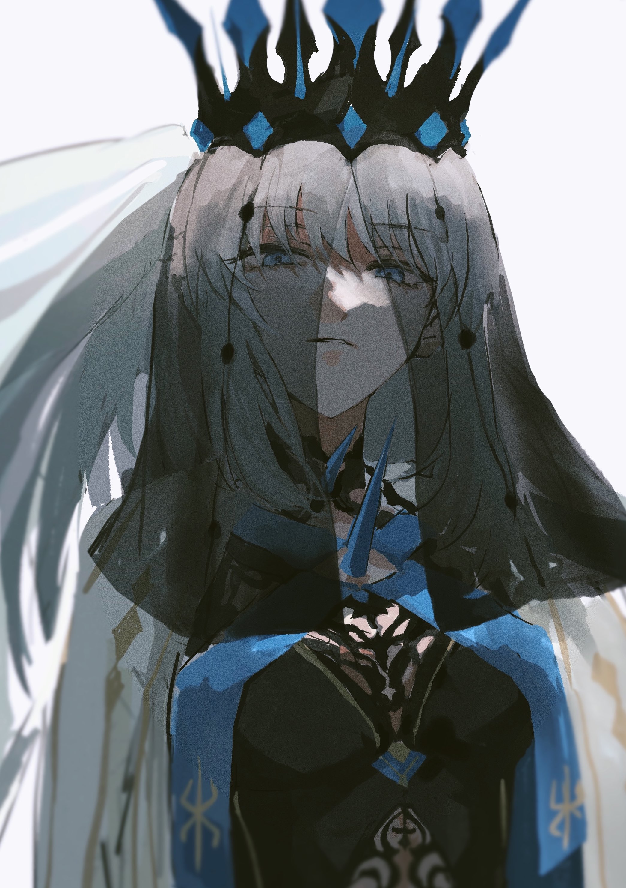 mayonakaniwa, morgan le fay (fate), morgan le fay (queen of winter) (fate), fate/grand order, fate (series), absurdres, highres, 1girl, blue eyes, crown, dress, hair between eyes, long hair, looking at viewer, ponytail, simple background, solo, spikes, two-tone dress, veil, very long hair, white background, white hair