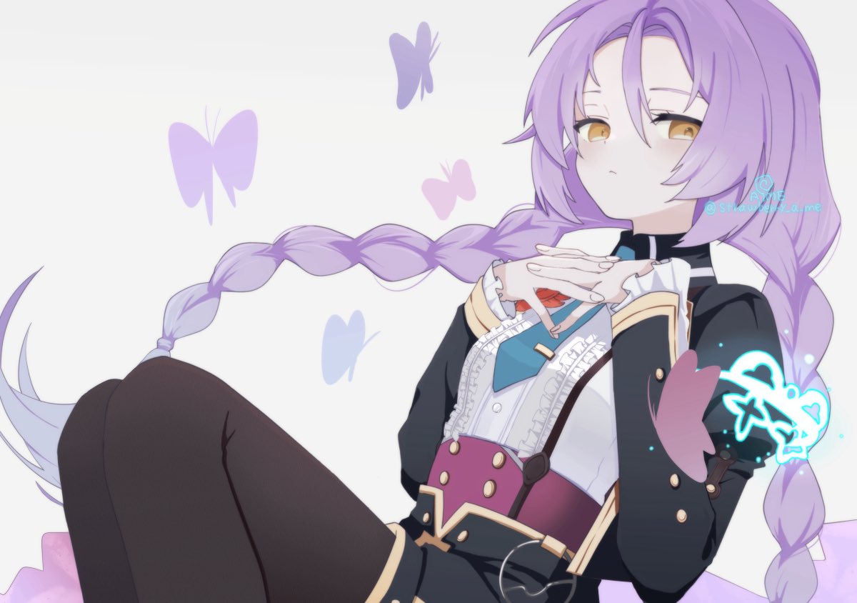 clorica (rune factory), rune factory, rune factory 4, 1girl, blue necktie, braid, brown pantyhose, butler, corset, crossdressing, crossdressing (ftm), female butler, hair between eyes, interlocked fingers, juliet sleeves, long hair, long sleeves, looking at viewer, necktie, own hands together, pantyhose, puffy shorts, puffy sleeves, purple corset, purple hair, shorts, solo, strawberry a me, twin braids, yellow eyes