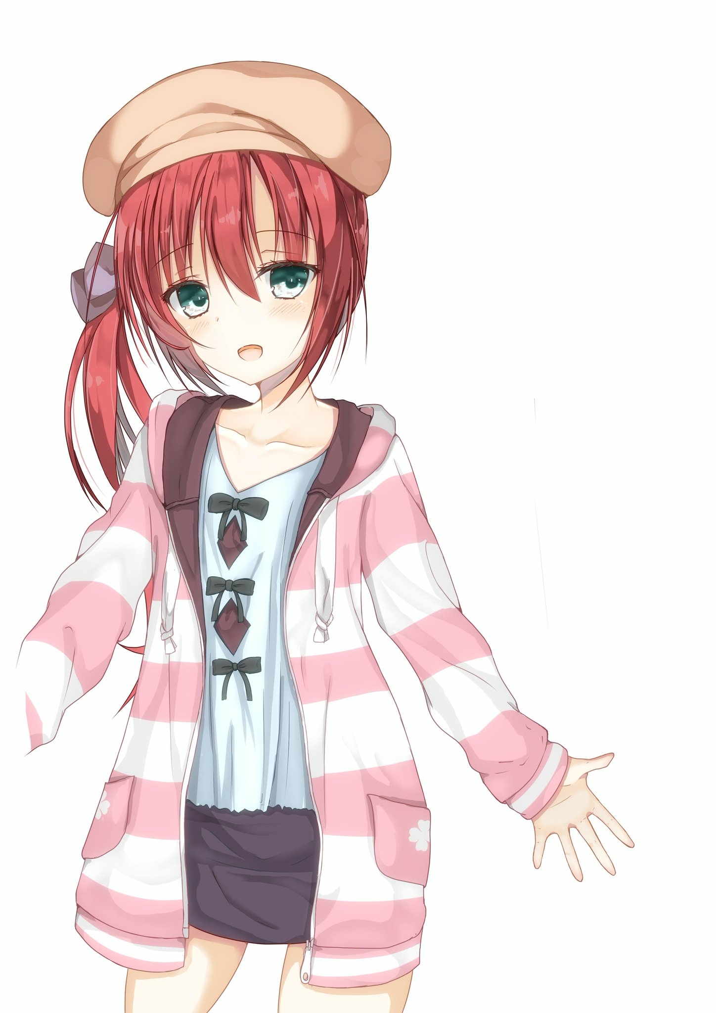 all justice, mibu chisaki, riddle joker, commentary request, highres, 1girl, :d, a-pose, aqua eyes, beret, black bow, blue shirt, blush, bow, brown hat, casual, collarbone, cowboy shot, eyelashes, eyes visible through hair, hair between eyes, hat, hood, hood down, hoodie, long hair, looking at viewer, official alternate costume, official alternate hairstyle, open clothes, open hoodie, open mouth, outstretched hand, pink hoodie, red hair, shirt, shirt bow, side ponytail, sidelocks, simple background, sleeves past wrists, smile, solo, straight hair, striped clothes, striped hoodie, white background
