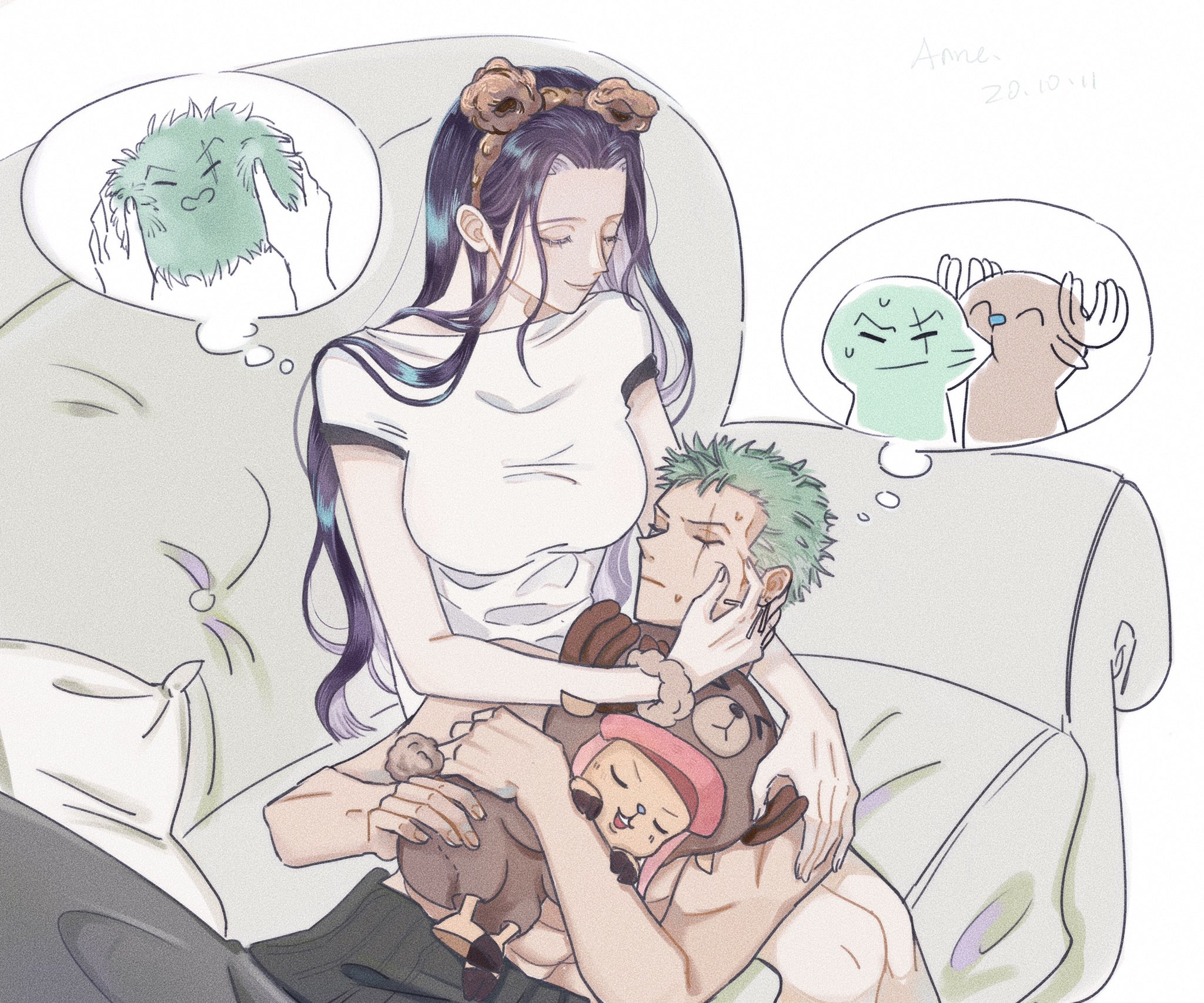 anneredblue, nico robin, roronoa zoro, tony tony chopper, one piece, hashtag-only commentary, highres, 1girl, 2boys, ^ ^, antlers, cheek pinching, closed eyes, dated, earrings, haramaki, horns, jewelry, lying on lap, lying on person, multiple boys, pinching, reindeer antlers, scar, scar across eye, scar on face, shirt, sleeping, smile, speech bubble, sweatdrop, t-shirt, thought bubble