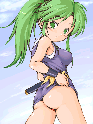 chabo (fuketsudan), mugi no yae, yae (ganbare goemon), ganbare goemon, lowres, 1girl, ass, blue background, female focus, green hair, jaggy lines, ninja, ponytail, solo