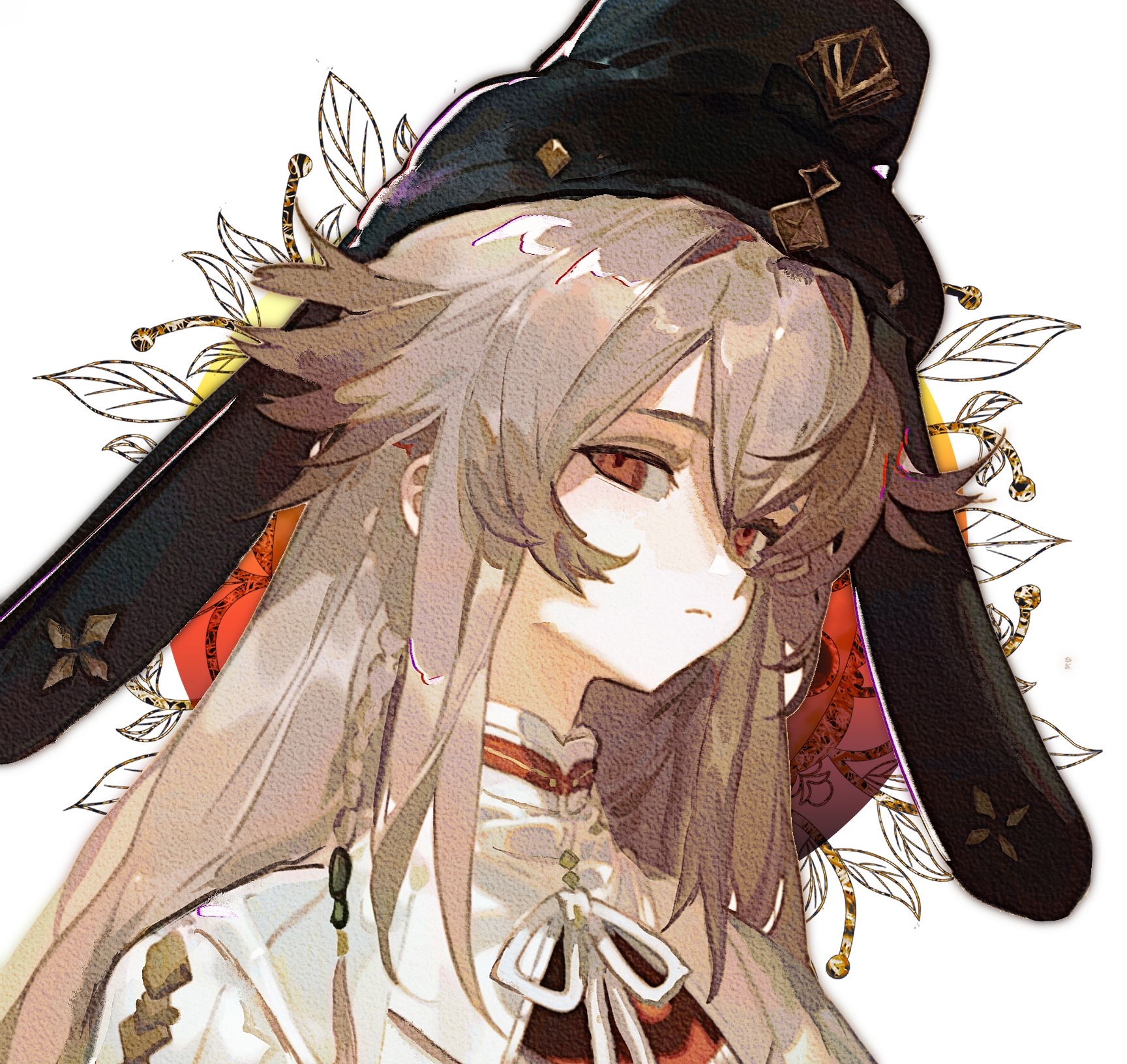 chitaojiayan, the tale of food, chinese commentary, highres, 1boy, :/, black hat, braid, brown hair, chinese clothes, closed mouth, expressionless, floral background, hair between eyes, hair flaps, hanfu, hat, jin (headwear), long hair, male focus, neck ribbon, portrait, red background, red eyes, red robe, ribbon, robe, scholar's congee (the tale of food), side braid, sidelocks, sideways glance, solo, tang jin (headwear), two-tone background, white background, white hanfu, white ribbon, white robe, yuanlingpao