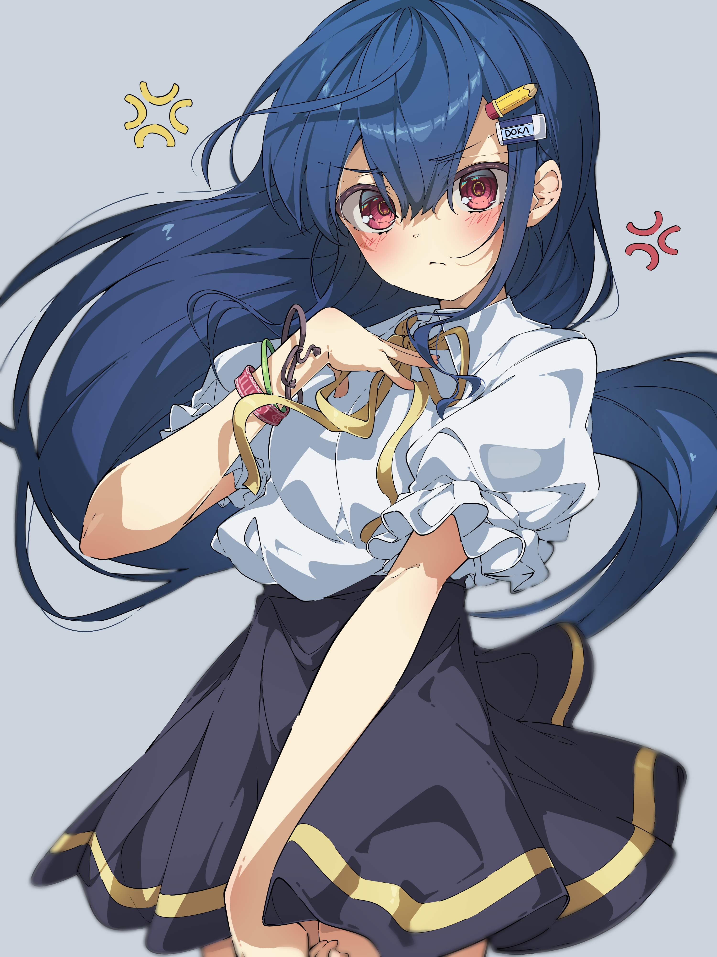 ama rei, original, absurdres, commentary, english commentary, highres, 1girl, anger vein, black skirt, blue hair, bow, bowtie, bracelet, collared shirt, cowboy shot, eraser hair ornament, frown, grey background, hair ornament, hand on own chest, jewelry, long hair, looking at viewer, pencil hair ornament, puffy short sleeves, puffy sleeves, red eyes, shirt, short sleeves, simple background, skirt, solo, v-shaped eyebrows, white shirt, yellow bow, yellow bowtie