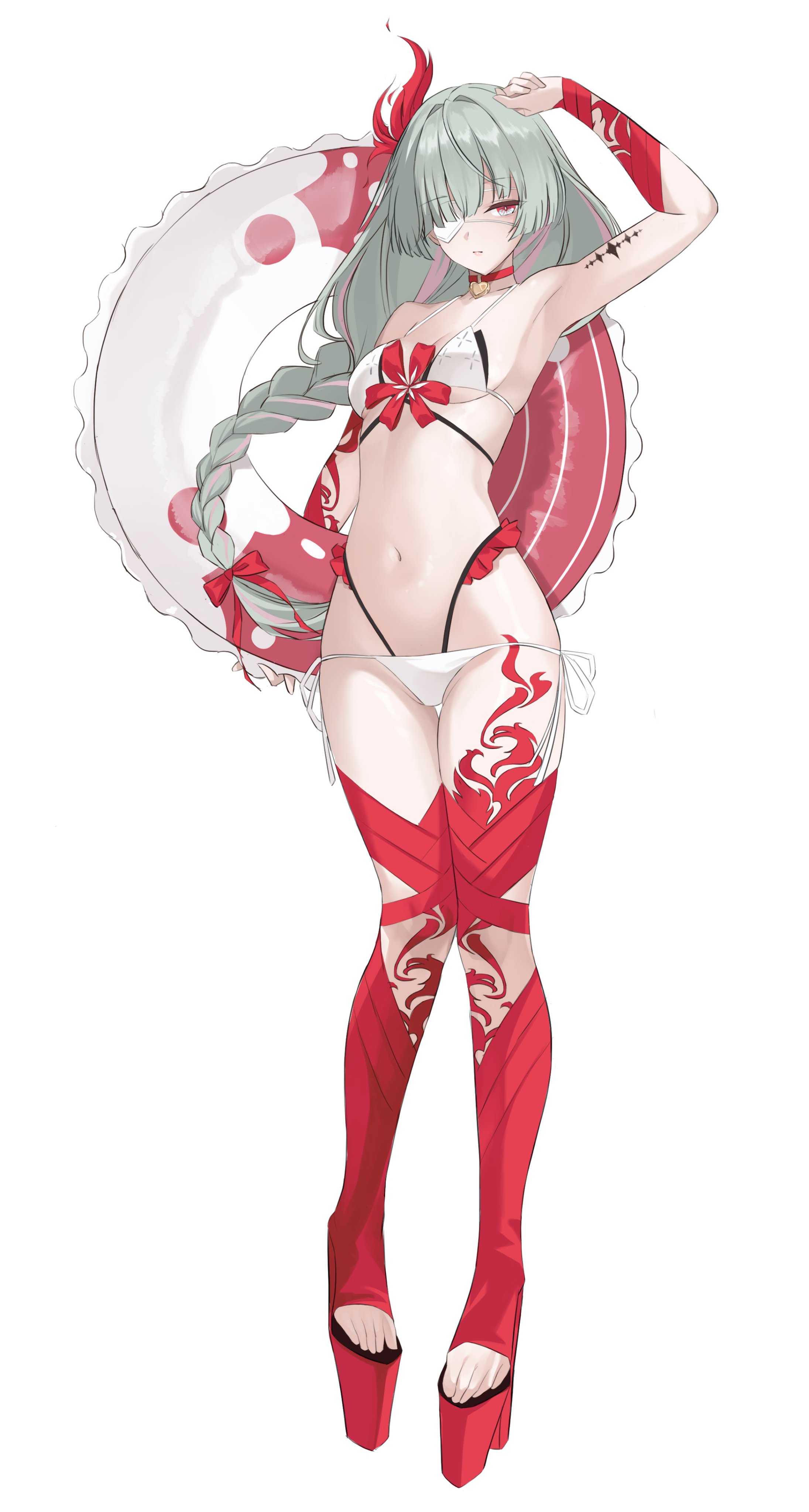 xsatoh, phrolova (wuthering waves), wuthering waves, absurdres, commentary, english commentary, highres, 1girl, alternate costume, alternate hairstyle, arm up, bare shoulders, bikini, bow, breasts, choker, closed mouth, eyepatch, full body, grey eyes, grey hair, hair bow, hair ornament, holding, holding swim ring, innertube, long hair, looking at viewer, low-braided long hair, low-tied long hair, medium breasts, multicolored hair, navel, red bow, red choker, simple background, solo, stomach, streaked hair, swim ring, swimsuit, tacet mark (wuthering waves), thighs, very long hair, white background, white bikini
