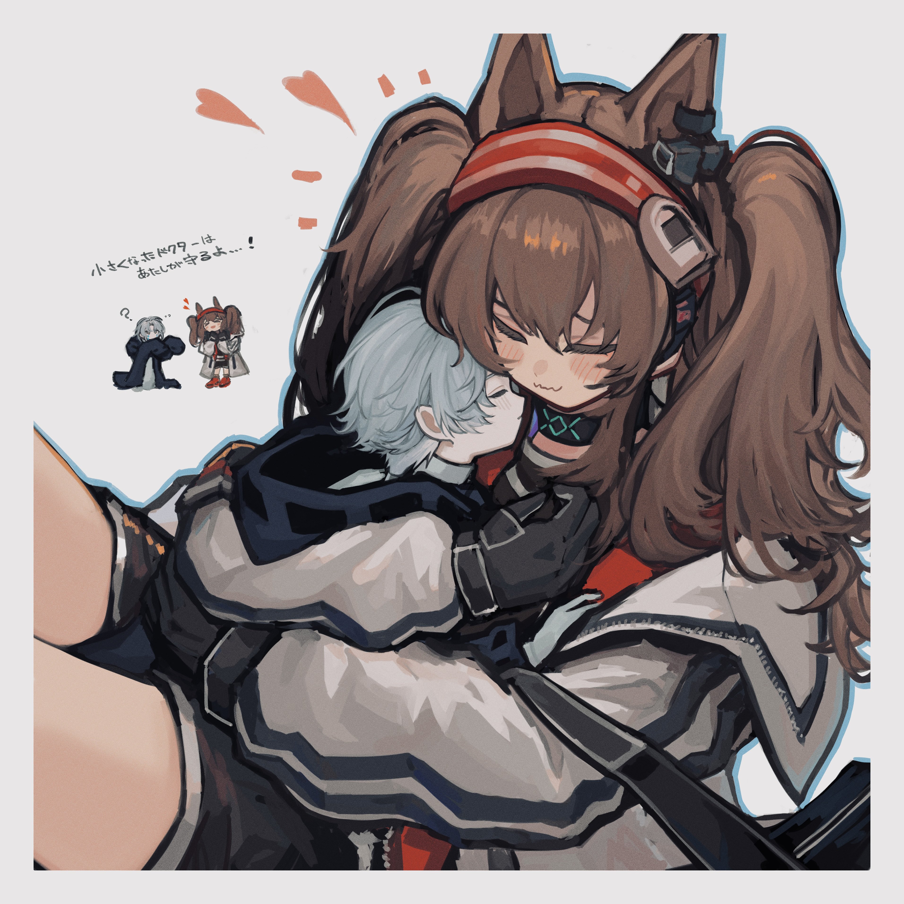 8rk9, angelina (arknights), doctor (arknights), infection monitor (arknights), male doctor (arknights), arknights, absurdres, highres, translation request, > <, 1boy, 1girl, :3, ?, aged down, animal ears, bag, black collar, black gloves, black jacket, black shorts, blush stickers, border, brown hair, closed eyes, coat, collar, crying, earpiece, extra ears, fox ears, fox girl, full body, gloves, hair between eyes, hairband, hood, hood down, hug, jacket, long hair, messenger bag, open clothes, open coat, oversized clothes, red hairband, red jacket, red shirt, shirt, shoes, short hair, short shorts, shorts, shoulder bag, simple background, sneakers, streaming tears, striped clothes, striped hairband, tears, twintails, two-tone hairband, white border, white coat, white hair