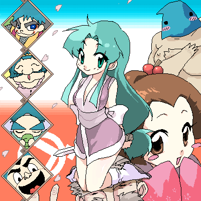 mugi no yae, omitsu, ebisumaru, goemon, impact (ganbare goemon), monoshiri jii-san, omitsu (ganbare goemon), plasma (ganbare goemon), sasuke (ganbare goemon), yae (ganbare goemon), ganbare goemon, artist request, lowres, 2girls, 6+boys, :d, ^ ^, age difference, android, aqua eyes, aqua hair, arms behind back, bald, black eyes, black hair, blue eyes, blue hair, blush, blush stickers, brown eyes, brown hair, closed eyes, covering privates, crossed arms, cup, dagger, drink, drinking, everyone, eyeshadow, green hair, grey hair, hair bobbles, hair bun, hair ornament, hair stick, high ponytail, holding, holding weapon, hood, japanese clothes, kimono, kneeling, knife, long hair, long sleeves, looking at viewer, low-tied long hair, makeup, mask, multiple boys, multiple girls, ninja, obi, oekaki, old, old man, open mouth, petals, ponytail, sash, short hair, short kimono, sidelocks, single hair bun, sleeves past wrists, smile, spiral, thick eyebrows, v, very long hair, weapon