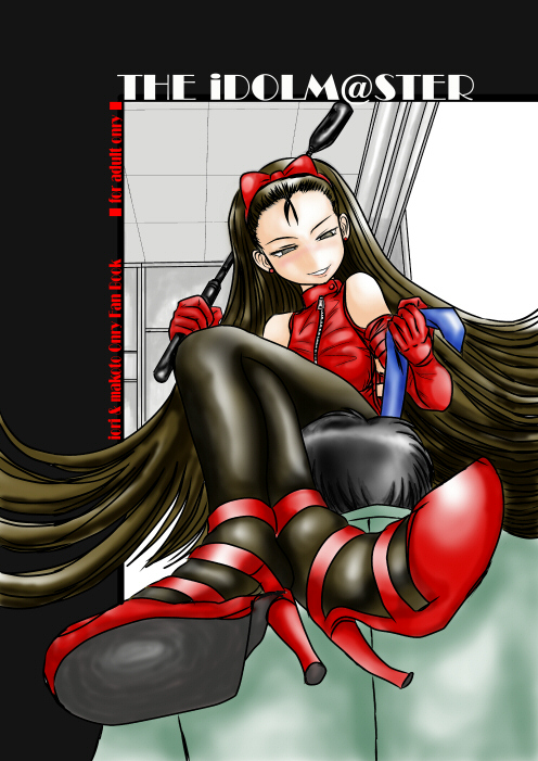 minase iori, idolmaster, idolmaster (classic), idolmaster 1, 00s, 1girl, bdsm, black pantyhose, brown eyes, brown hair, female focus, femdom, foreshortening, from below, hairband, high heels, loli, long hair, pantyhose, riding crop, shoes, solo, thighhighs, very long hair