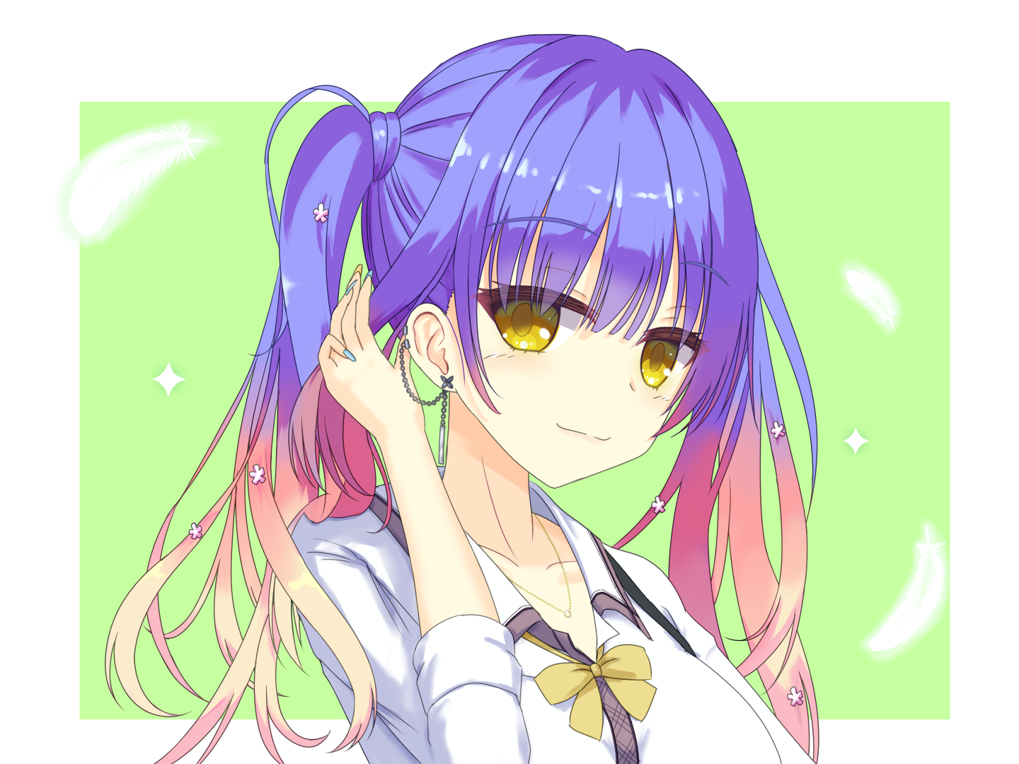 shirayamakoma, kohibari kurumi, tenshi souzou re-boot!, commentary request, 1girl, adjusting hair, blonde hair, blue hair, blunt bangs, blush, border, bow, bowtie, closed mouth, collarbone, collared shirt, earclip, earrings, eyelashes, eyes visible through hair, feathers, gradient hair, green background, gyaru, hand up, jewelry, kogal, long hair, long sleeves, looking at viewer, mizuka academy school uniform, multicolored hair, necklace, outside border, pink hair, school uniform, shirt, sidelocks, simple background, sleeves rolled up, smile, solo, split mouth, twintails, white border, white feathers, white shirt, yellow bow, yellow bowtie, yellow eyes