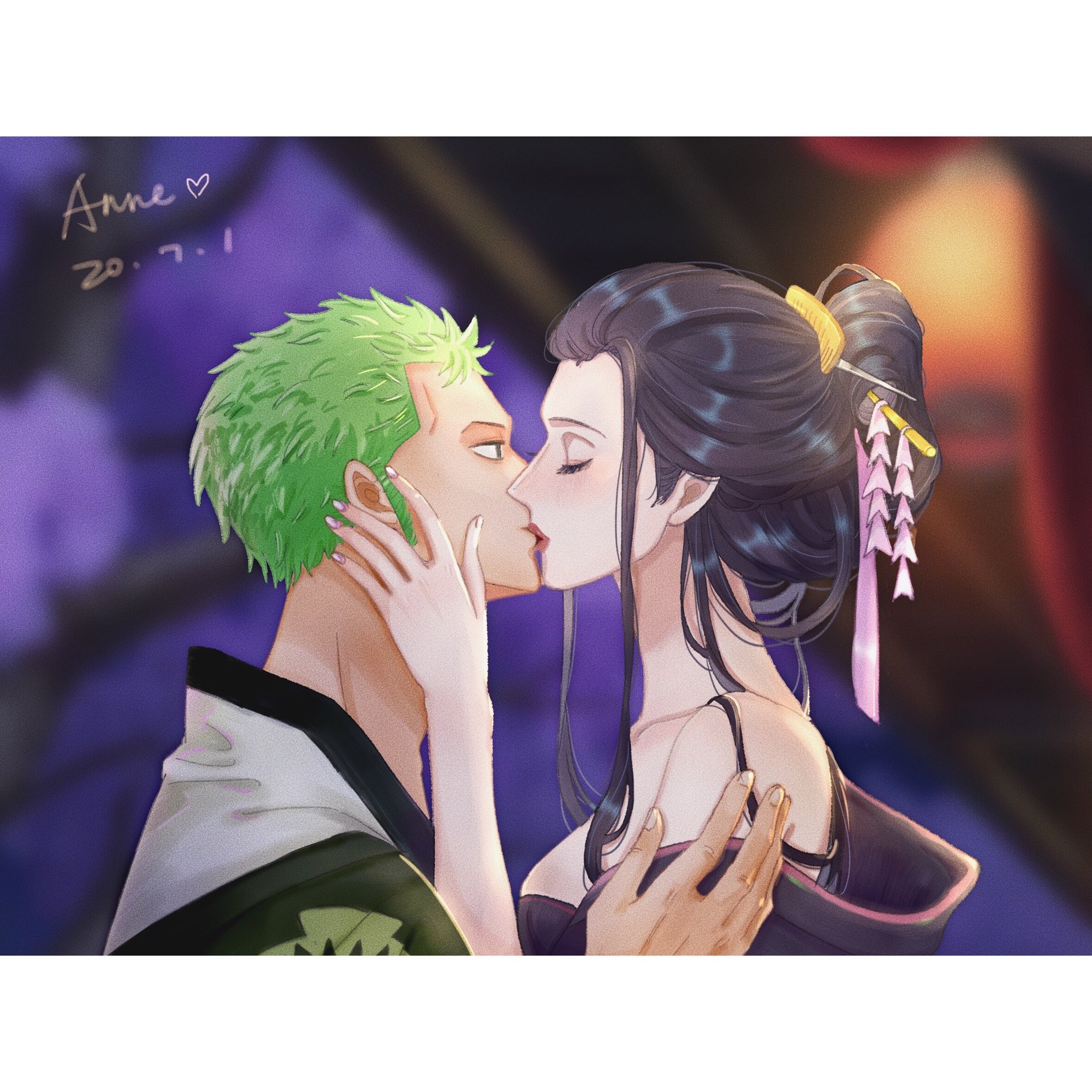 anneredblue, nico robin, roronoa zoro, one piece, commentary, english commentary, highres, 1boy, 1girl, bare shoulders, black hair, blurry, blurry background, blush, closed eyes, dated, green hair, hair ornament, japanese clothes, kanzashi, kimono, kiss, profile, red lips, sideburns, sidelocks