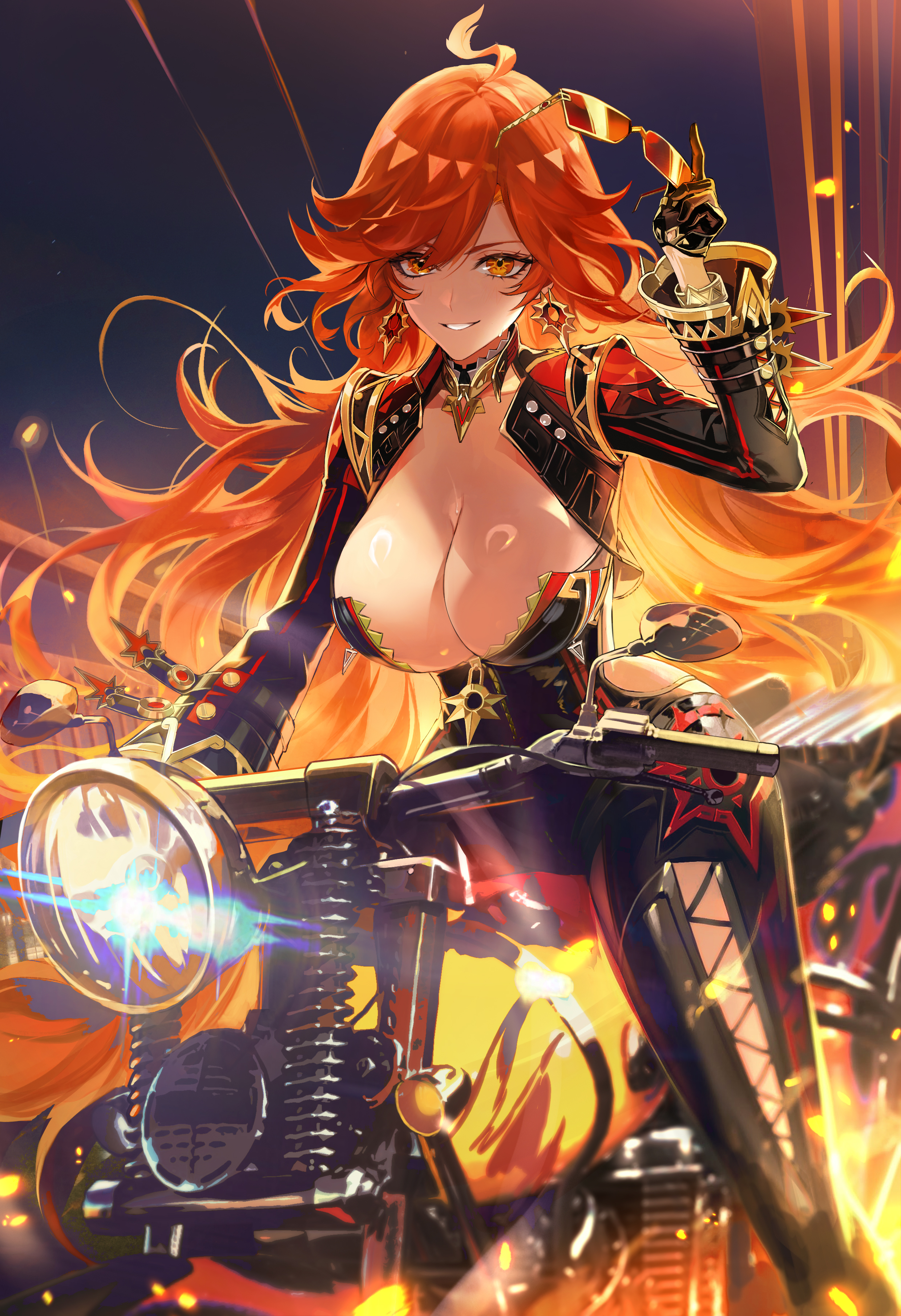 zuco, mavuika (genshin impact), genshin impact, absurdres, commentary, hashtag-only commentary, highres, 1girl, biker clothes, bikesuit, black bodysuit, black gloves, bodysuit, breasts, cleavage, clothing cutout, earrings, gloves, grin, hip vent, jewelry, large breasts, long hair, looking at viewer, motor vehicle, motorcycle, on motorcycle, orange eyes, orange hair, orange pupils, sitting, smile, solo, strapless bodysuit, sun earrings, symbol in eye, very long hair