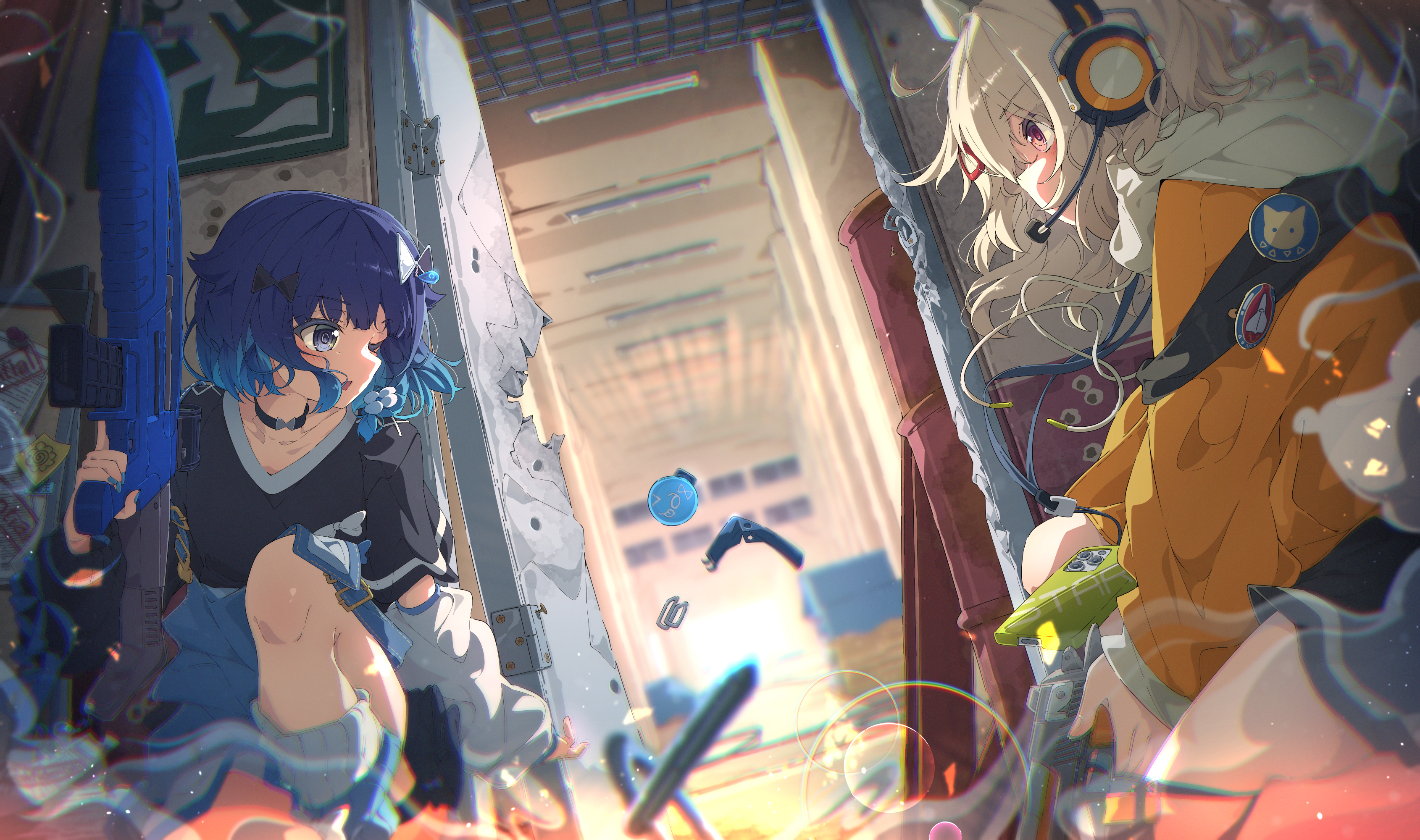 ama rei, komori met, tsumugi kokage, vspo!, absurdres, commentary, highres, tagme, 2girls, arm warmers, black shirt, blue eyes, blue hair, blue shorts, brown hair, gradient hair, gun, headphones, holding, holding gun, holding weapon, indoors, jacket, kneeling, lens flare, looking inside, multicolored hair, multiple girls, orange jacket, pencil, red eyes, shirt, short sleeves, shorts, virtual youtuber, weapon