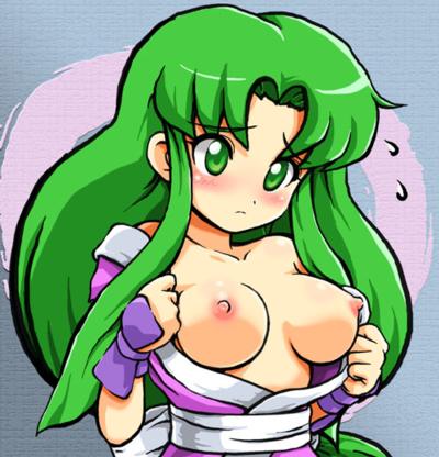 konpeto, yae, ganbare goemon, jpeg artifacts, lowres, blush, breasts, embarrassed, green eyes, green hair, japanese clothes, kimono, long hair, ninja, nipples, no bra, open clothes, open shirt, solo, sweatdrop