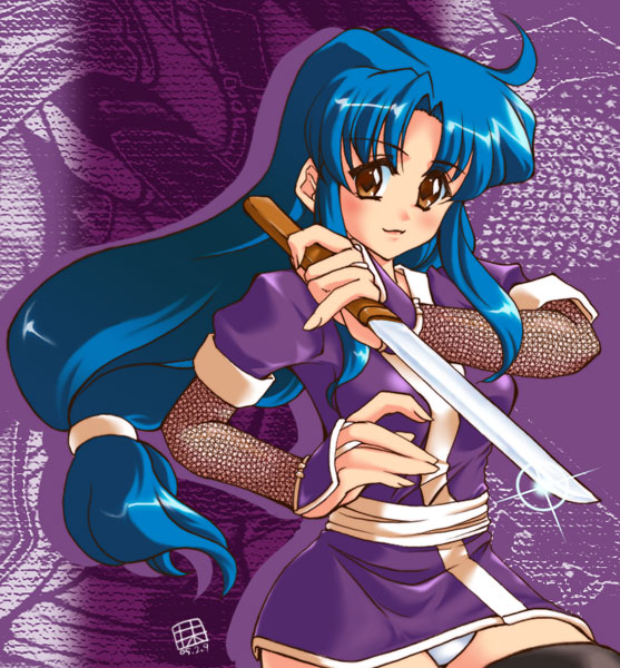 mugi no yae, yae (ganbare goemon), ganbare goemon, 1girl, blue hair, dagger, female focus, japanese clothes, knife, long hair, ninja, reverse grip, solo, sword, thighhighs, weapon